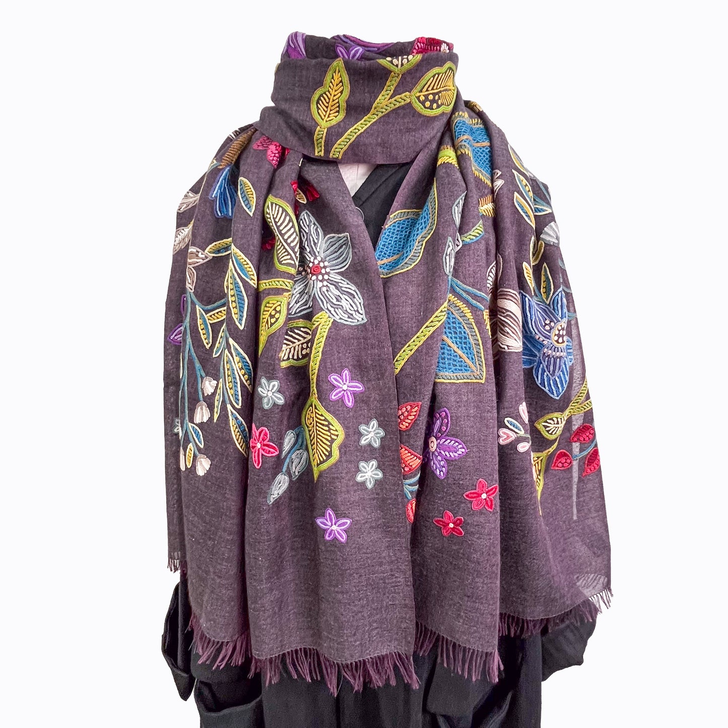Flower Celebration 薄手ウール&シルク アリー手刺繍ストール(ディープパープル)