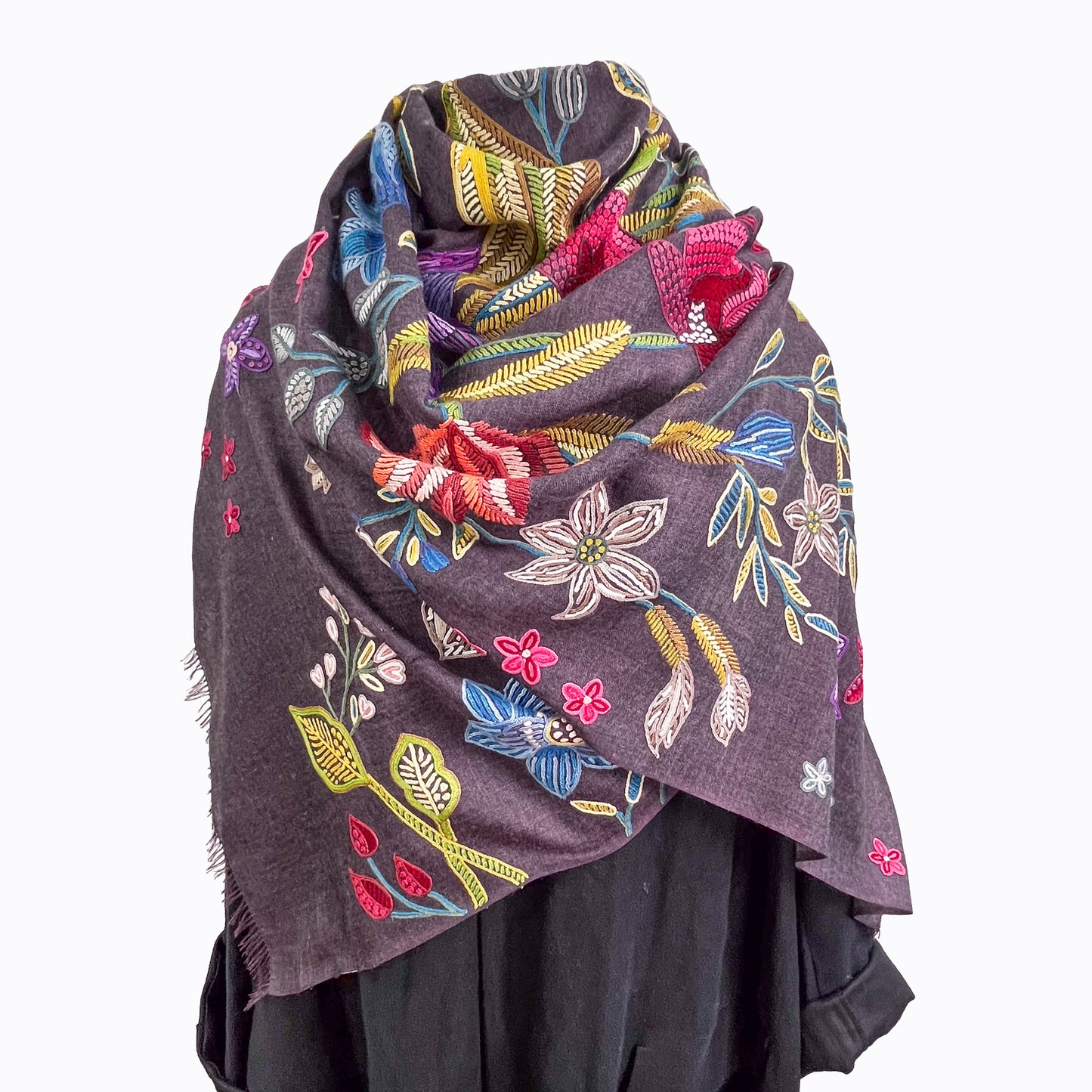 Flower Celebration 薄手ウール&シルク アリー手刺繍ストール(ディープパープル)