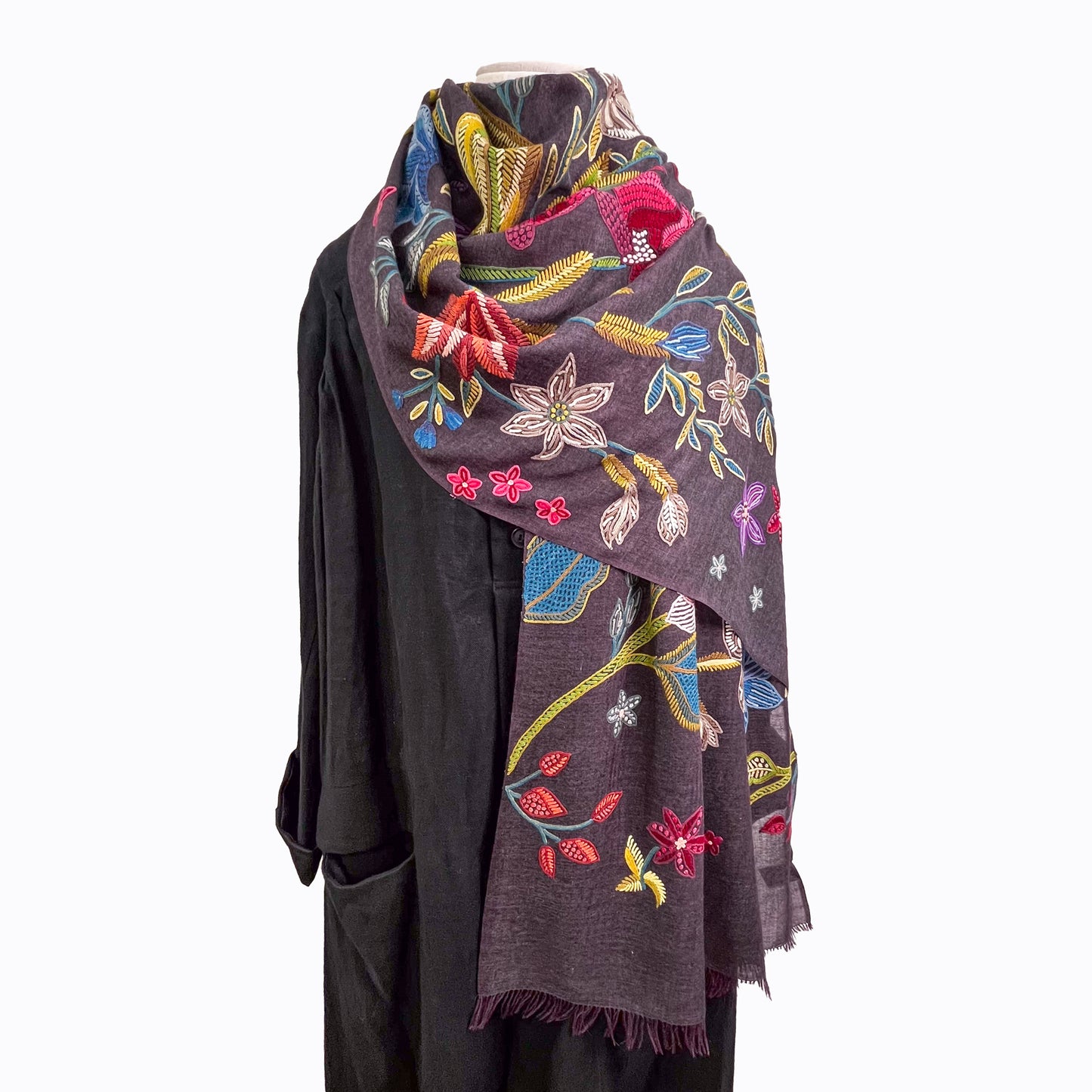 Flower Celebration 薄手ウール&シルク アリー手刺繍ストール(ディープパープル)