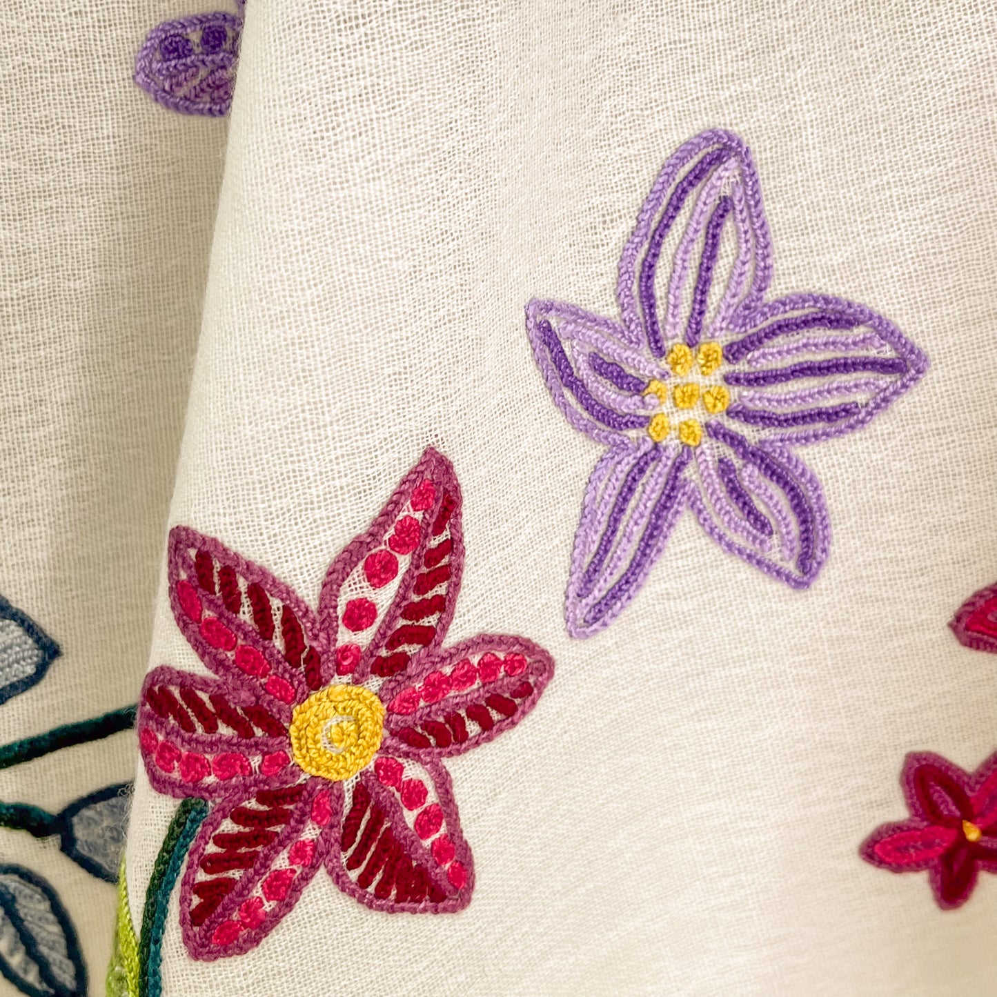 Flower Celebration Wool Ally Hand Embroidered Stole (White/Multi)