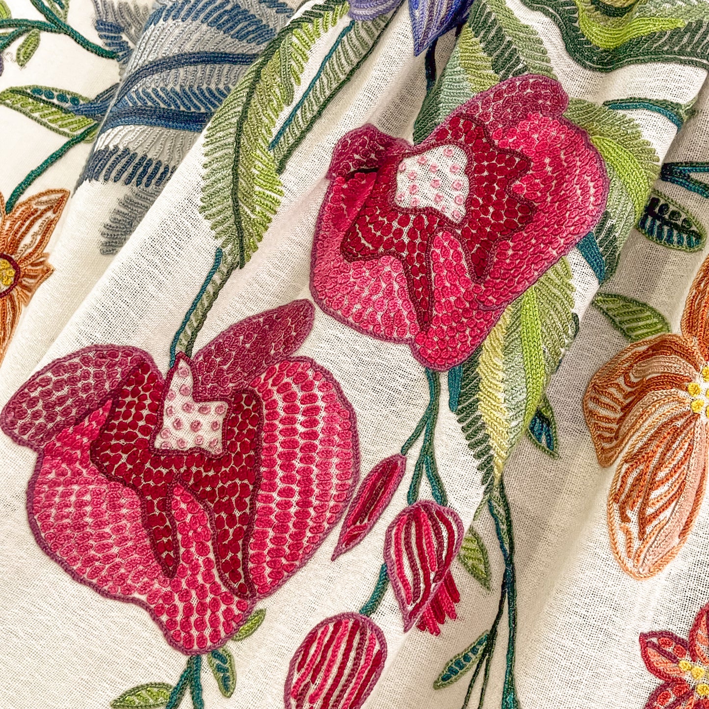 Flower Celebration Wool Ally Hand Embroidered Stole (White/Multi)