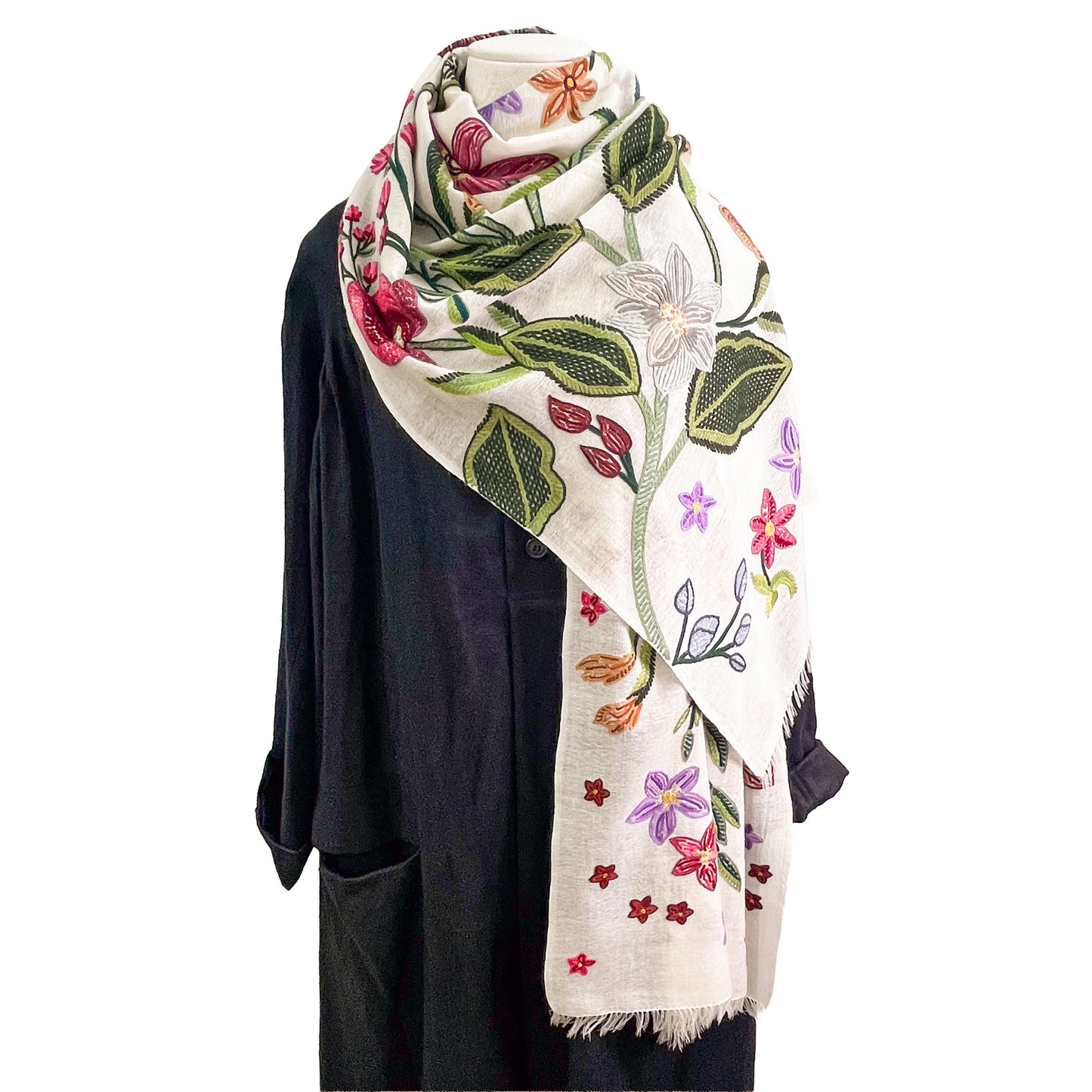 Flower Celebration Wool Ally Hand Embroidered Stole (White/Multi)