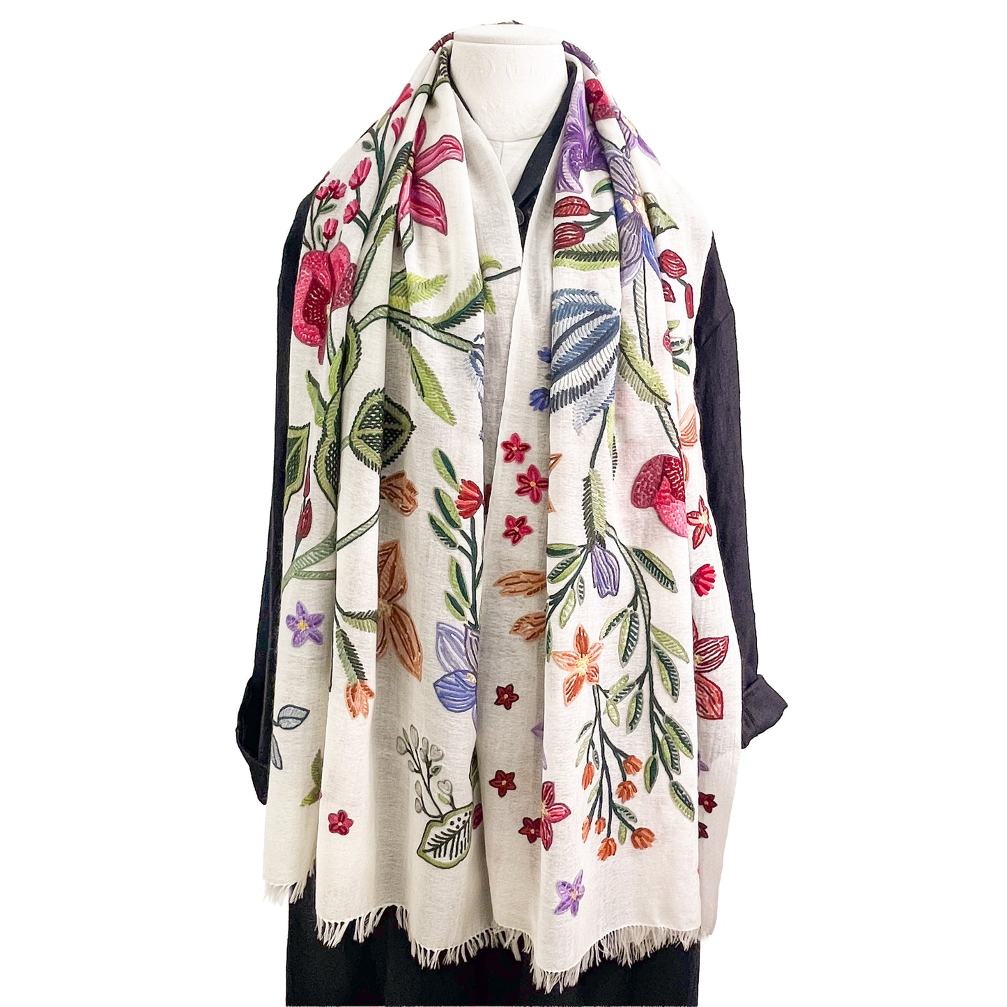 Flower Celebration Wool Ally Hand Embroidered Stole (White/Multi)