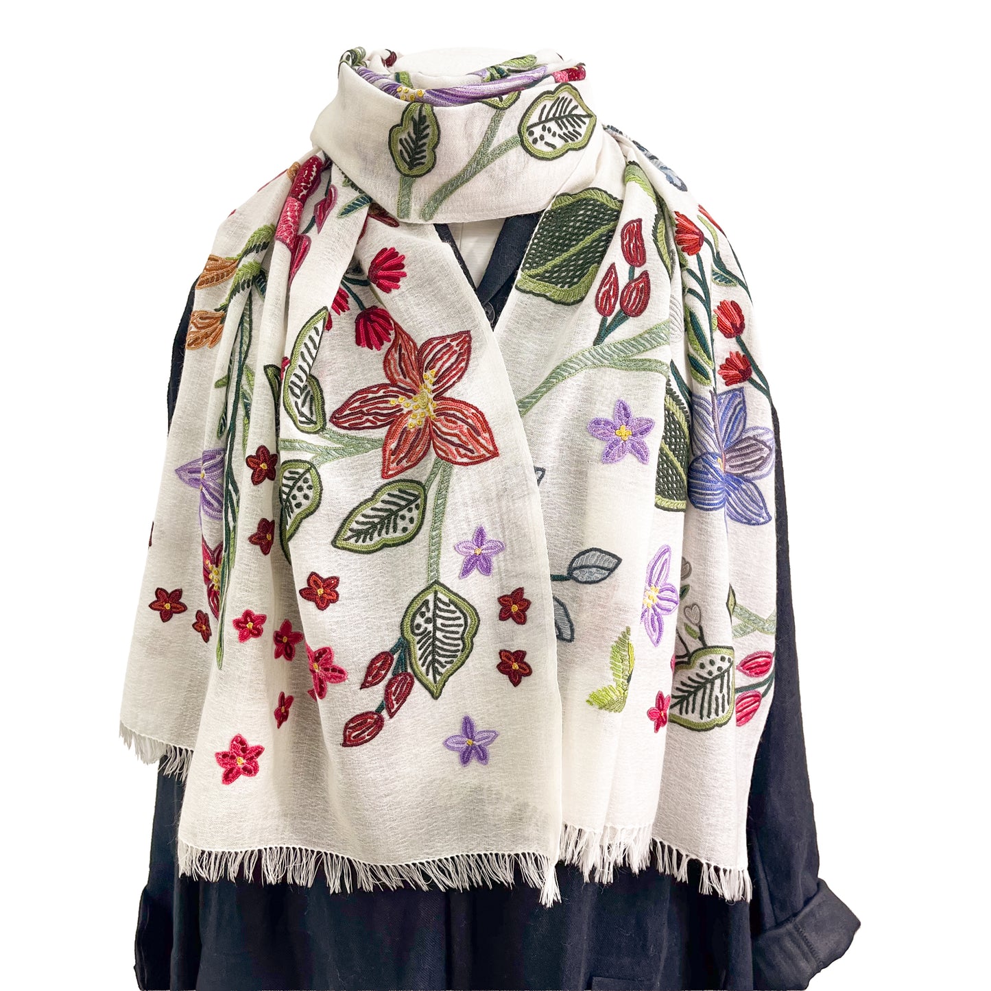 Flower Celebration Wool Ally Hand Embroidered Stole (White/Multi)