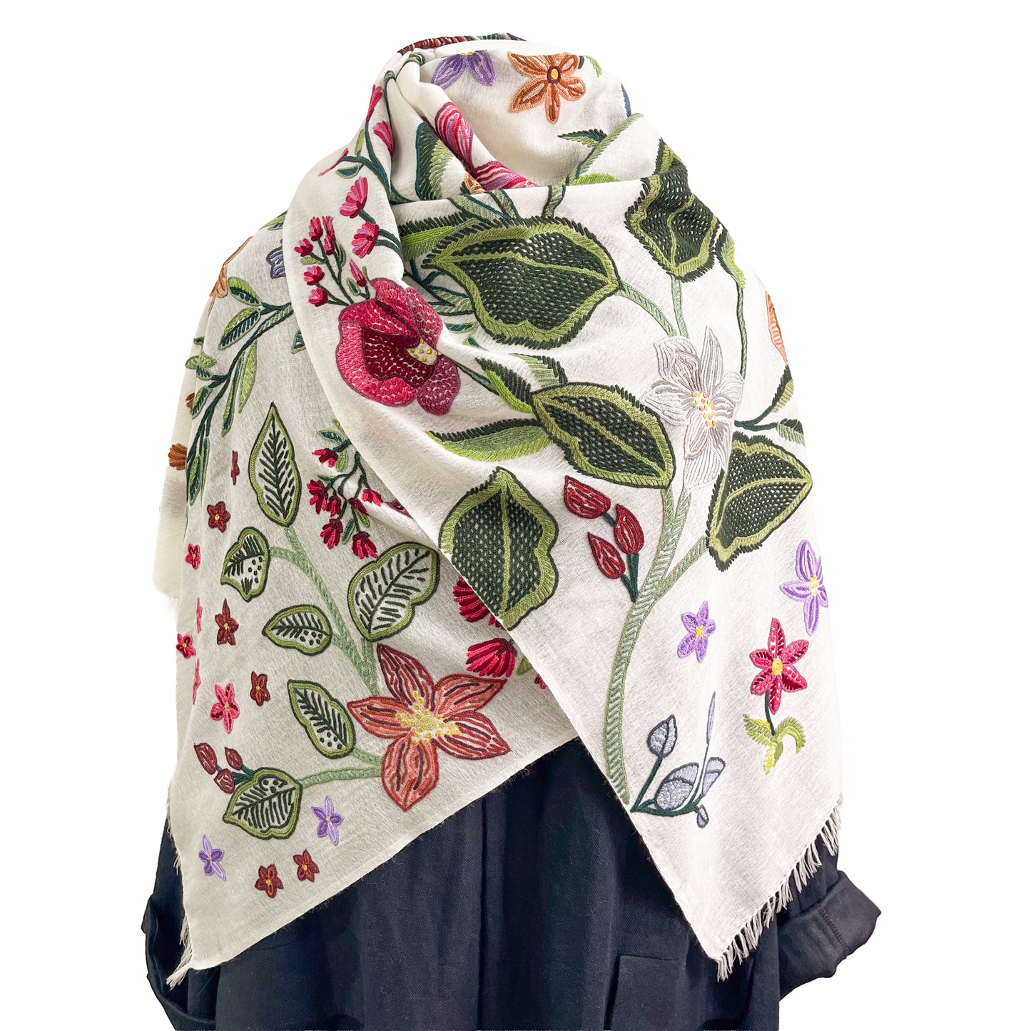 Flower Celebration Wool Ally Hand Embroidered Stole (White/Multi)
