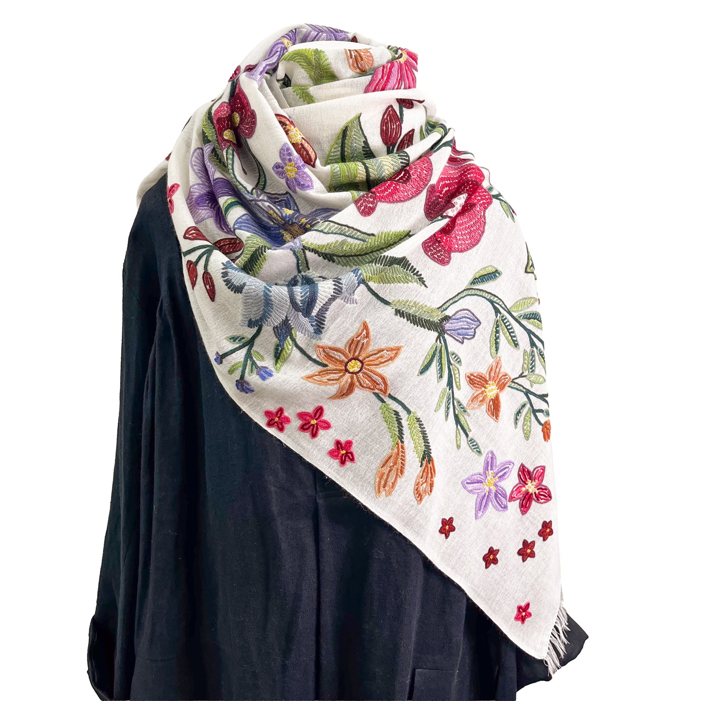 Flower Celebration Wool Ally Hand Embroidered Stole (White/Multi)