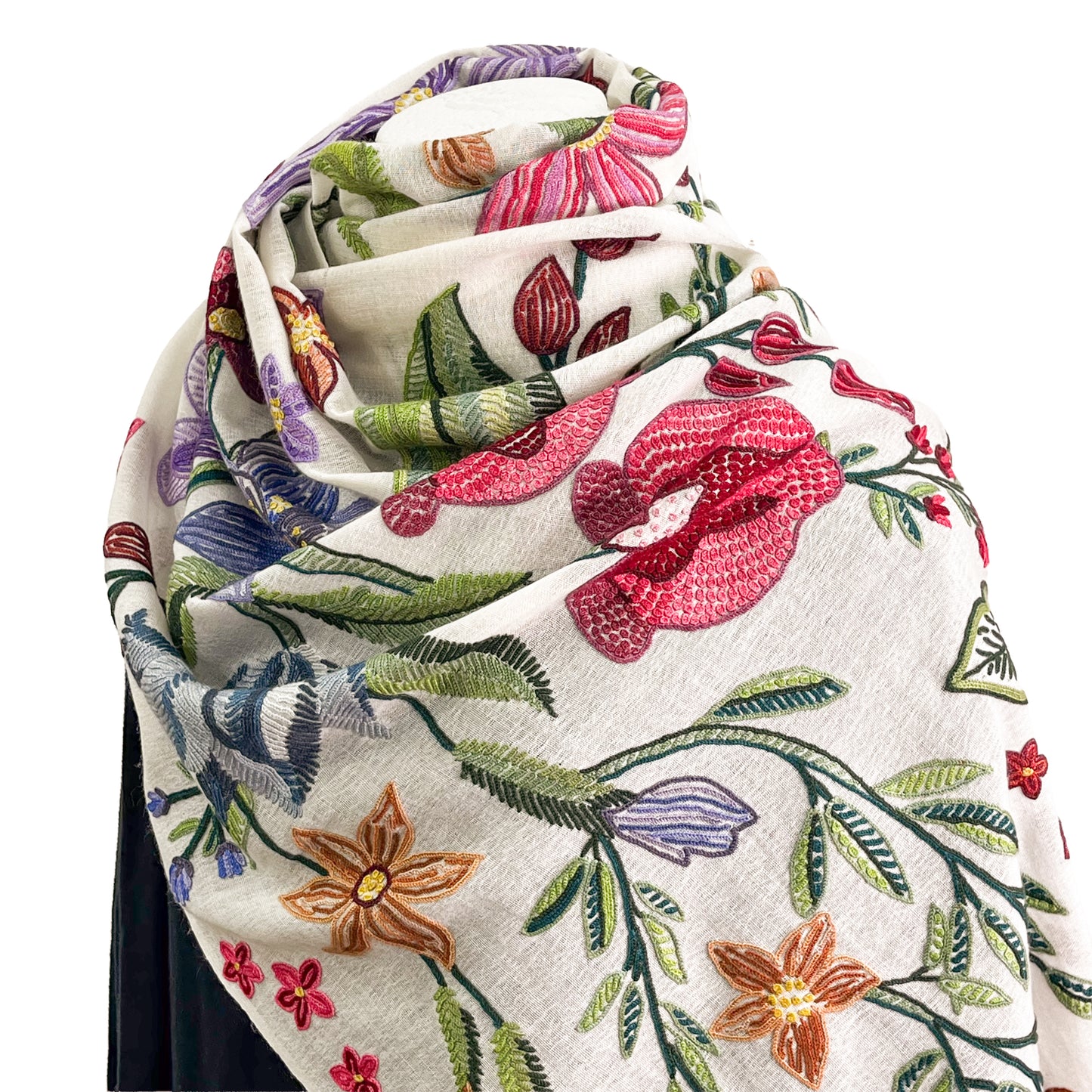 Flower Celebration Wool Ally Hand Embroidered Stole (White/Multi)