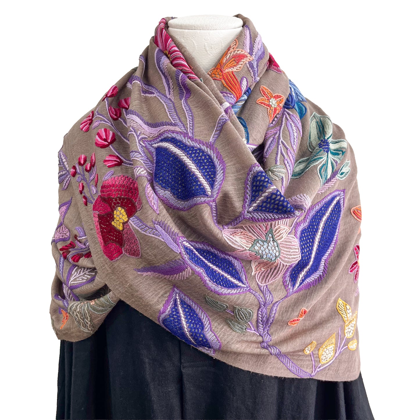 Flower Celebration 薄手ウール&シルク アリー手刺繍ストール(ダークグレージュ)