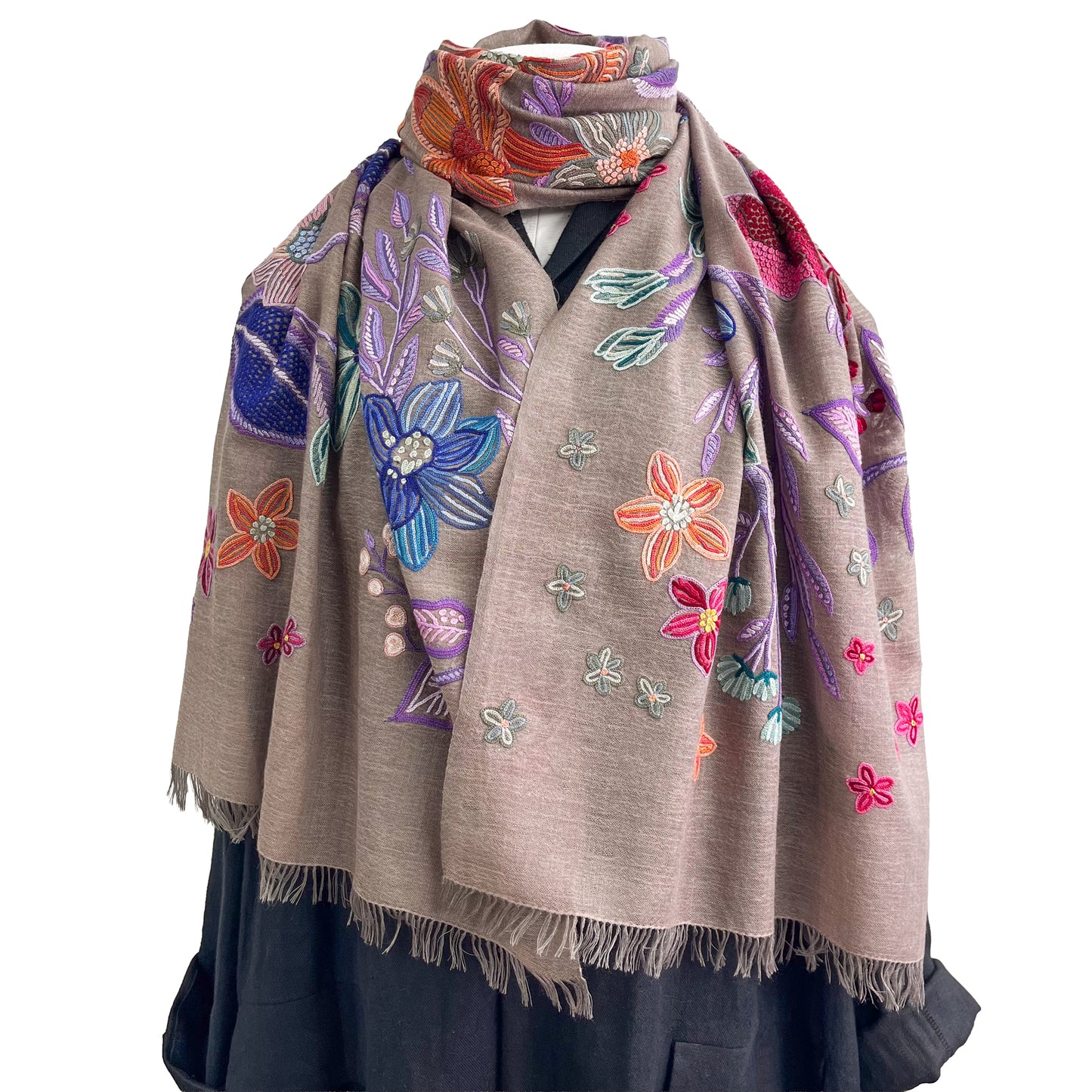 Flower Celebration 薄手ウール&シルク アリー手刺繍ストール(ダークグレージュ)