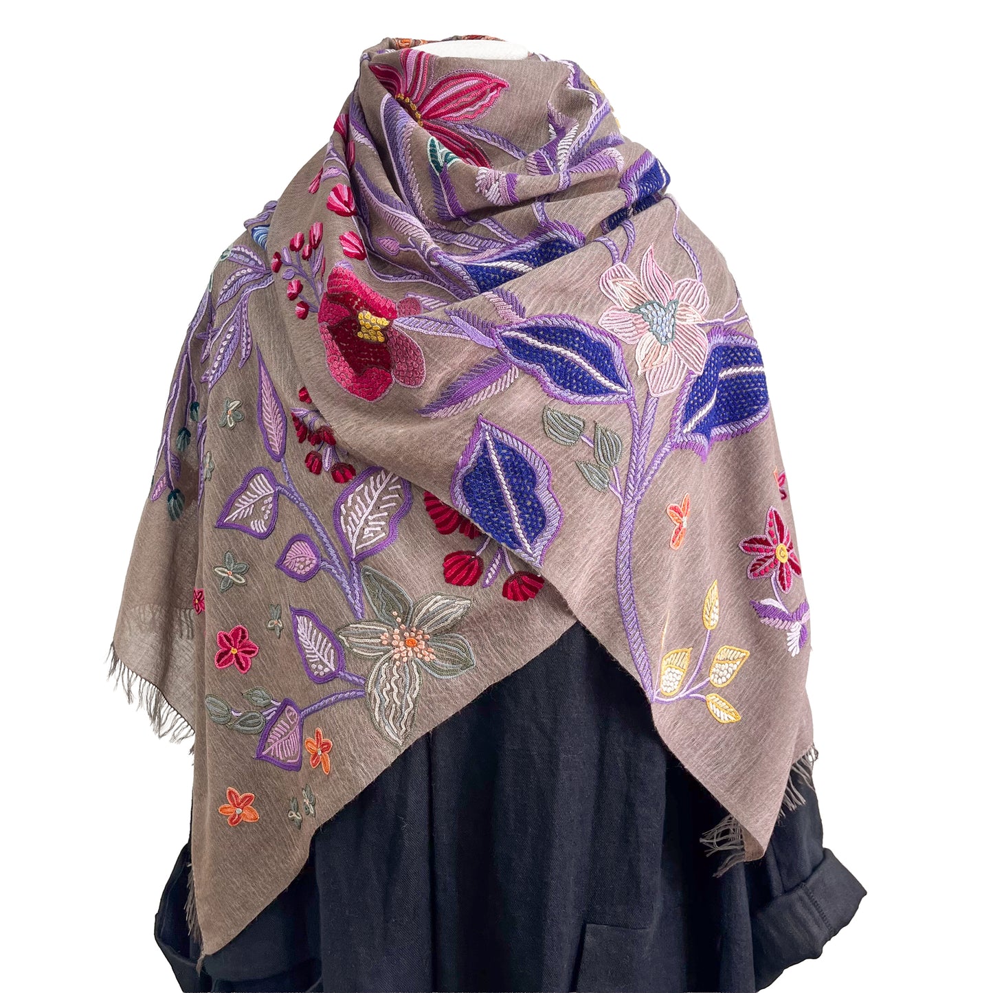 Flower Celebration 薄手ウール&シルク アリー手刺繍ストール(ダークグレージュ)