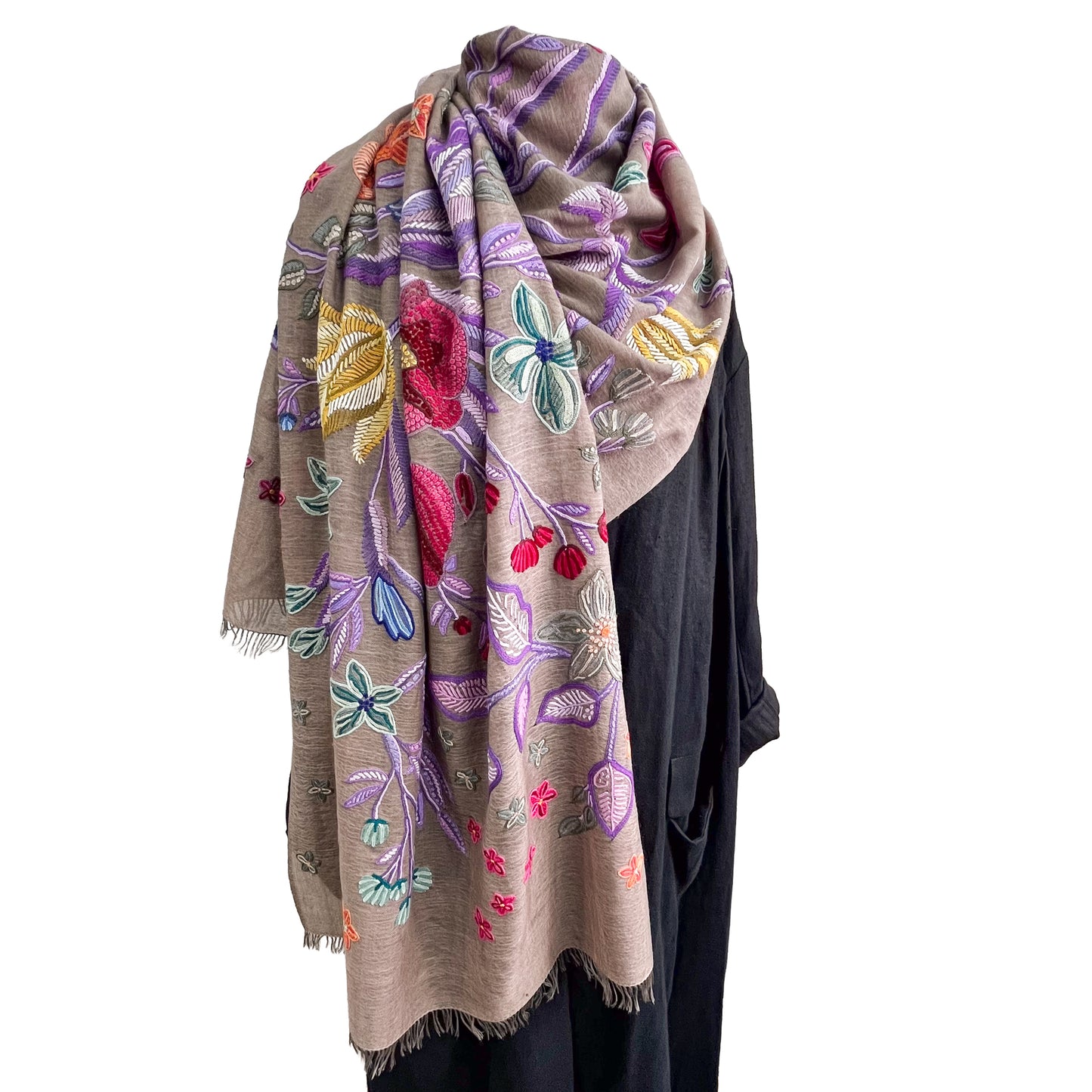 Flower Celebration 薄手ウール&シルク アリー手刺繍ストール(ダークグレージュ)