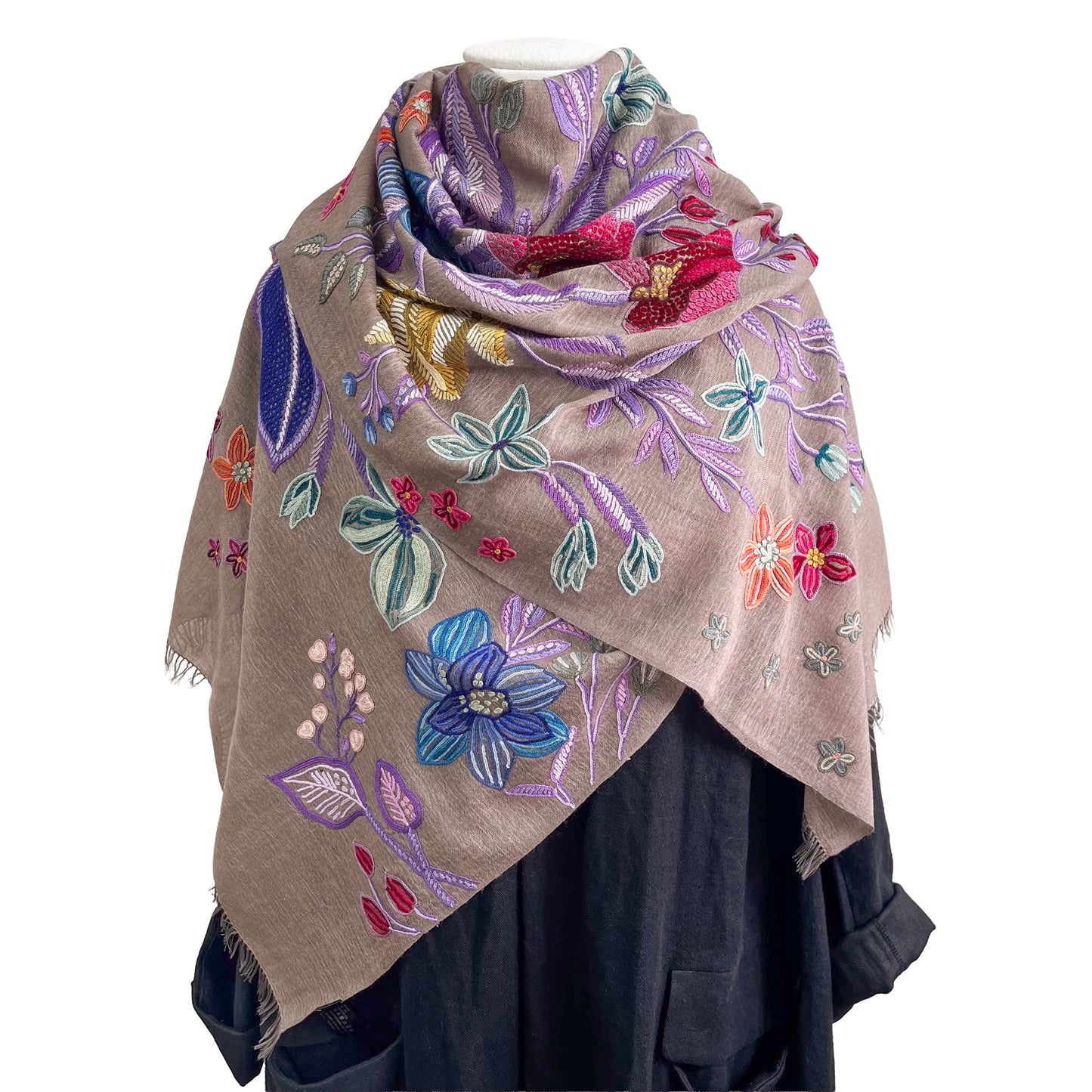 Flower Celebration 薄手ウール&シルク アリー手刺繍ストール(ダークグレージュ)