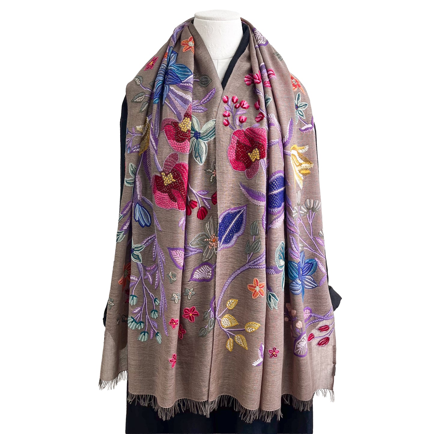 Flower Celebration 薄手ウール&シルク アリー手刺繍ストール(ダークグレージュ)
