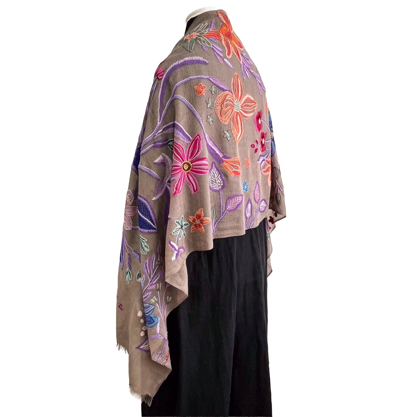 Flower Celebration 薄手ウール&シルク アリー手刺繍ストール(ダークグレージュ)