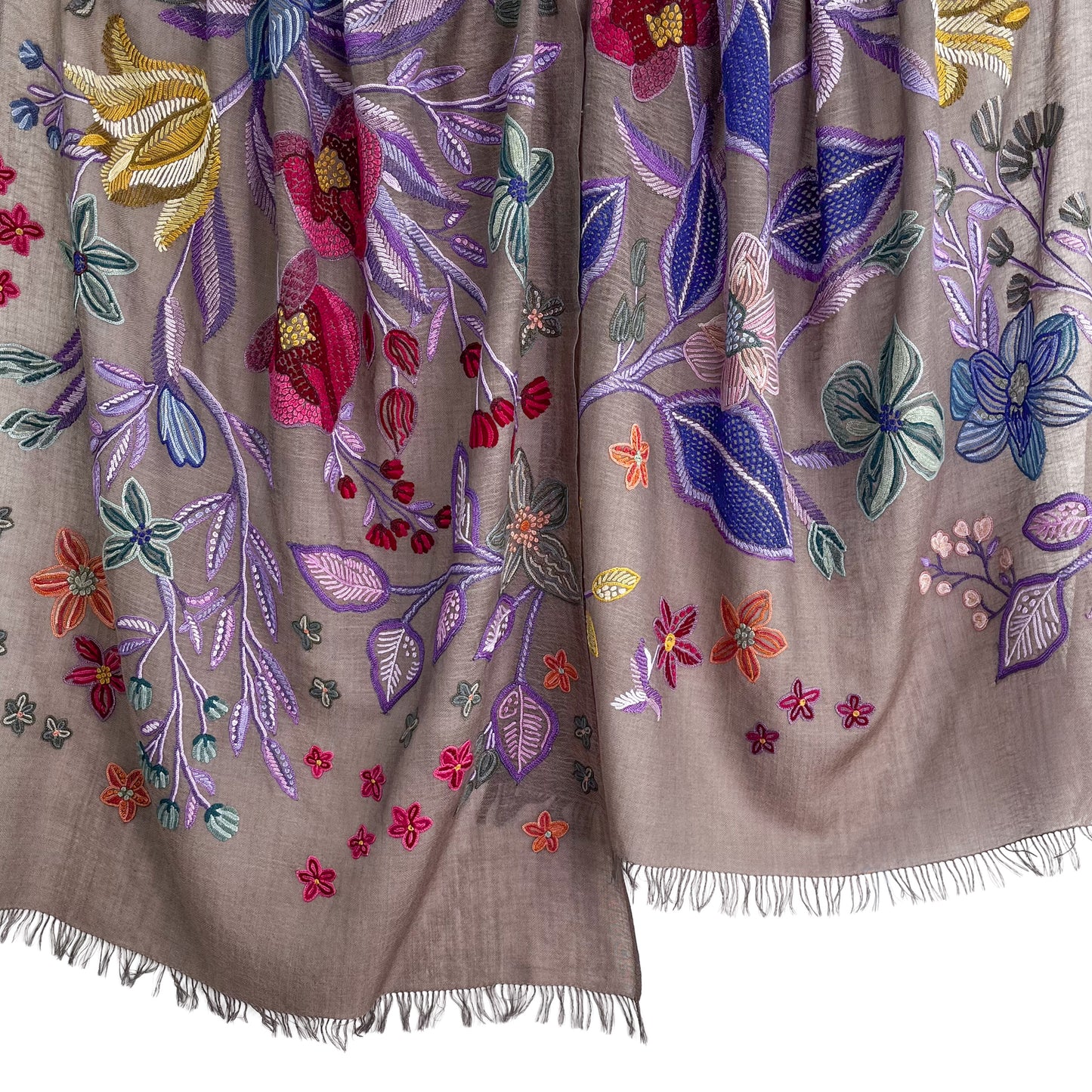 Flower Celebration 薄手ウール&シルク アリー手刺繍ストール(ダークグレージュ)