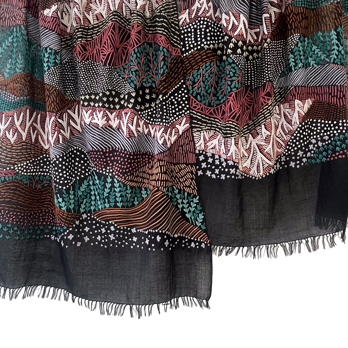 Mountain 薄手ウール&シルク アリー手刺繍ストール (オフブラック)
