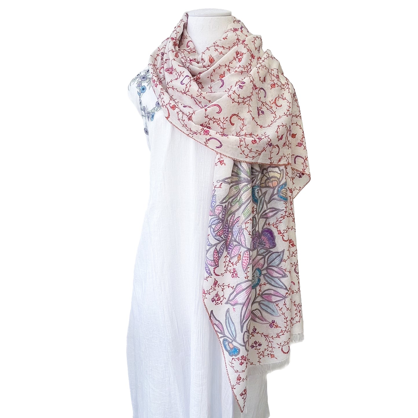 【SPECIAL PRICE】薄手ウール&シルク アリー&ニードル手刺繍ストール(ホワイト)【40%OFF】