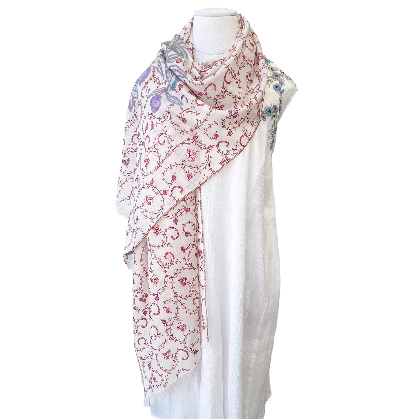 【SPECIAL PRICE】薄手ウール&シルク アリー&ニードル手刺繍ストール(ホワイト)【40%OFF】