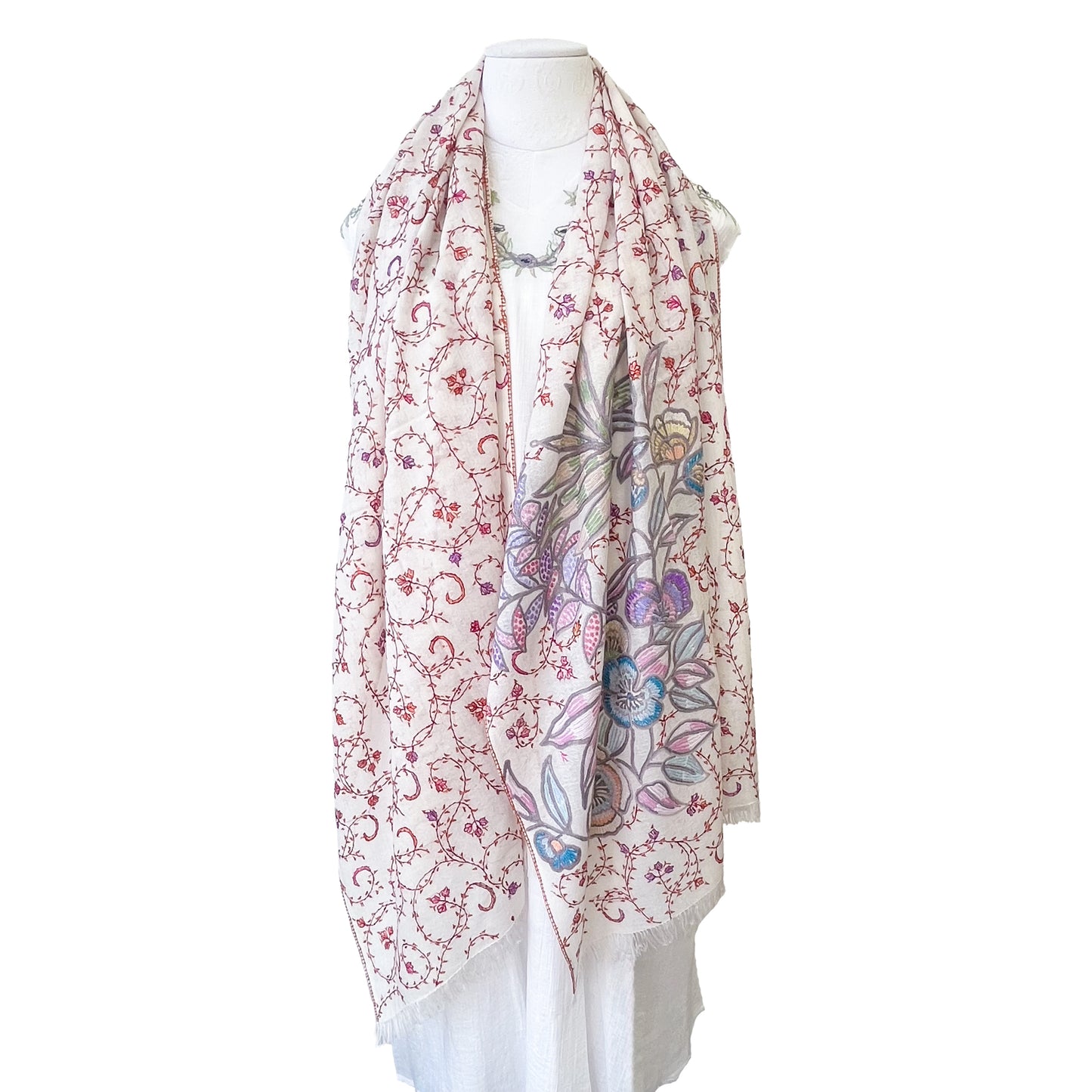 【SPECIAL PRICE】薄手ウール&シルク アリー&ニードル手刺繍ストール(ホワイト)【40%OFF】