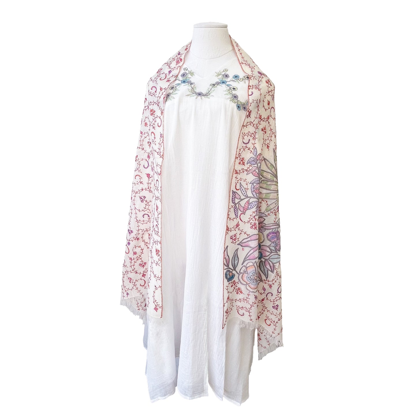 【SPECIAL PRICE】薄手ウール&シルク アリー&ニードル手刺繍ストール(ホワイト)【40%OFF】