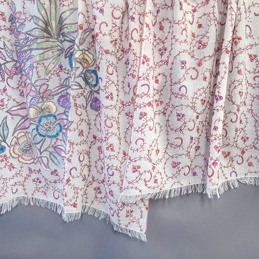 【SPECIAL PRICE】薄手ウール&シルク アリー&ニードル手刺繍ストール(ホワイト)【40%OFF】