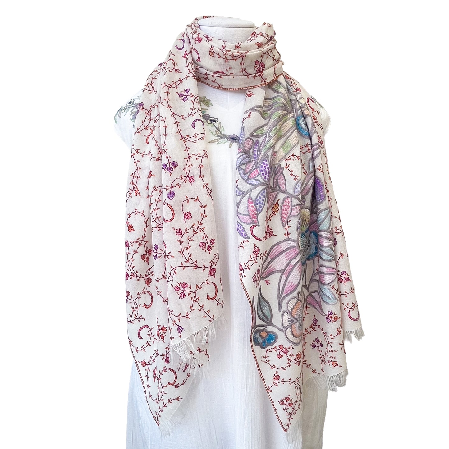 【SPECIAL PRICE】薄手ウール&シルク アリー&ニードル手刺繍ストール(ホワイト)【40%OFF】