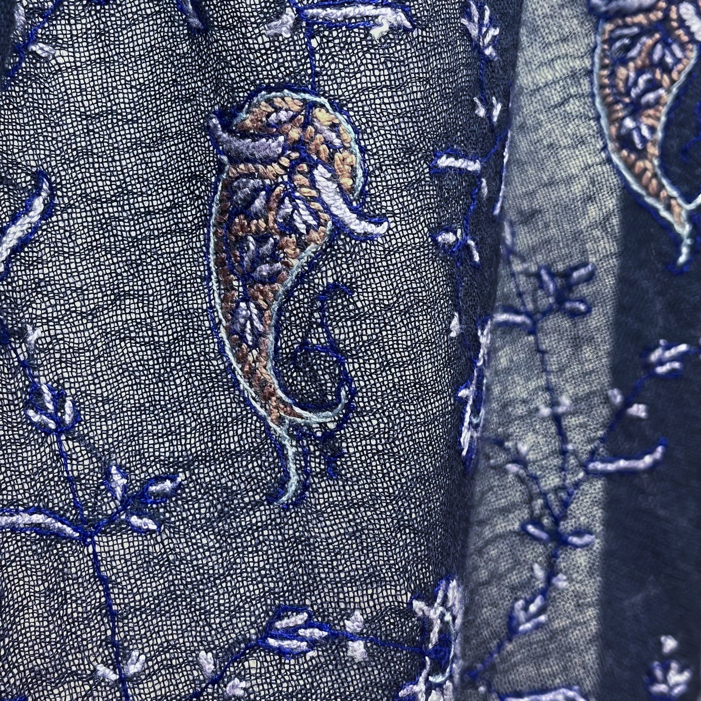 薄手ウール&シルク ニードル手刺繍ストール (ダークグレー)