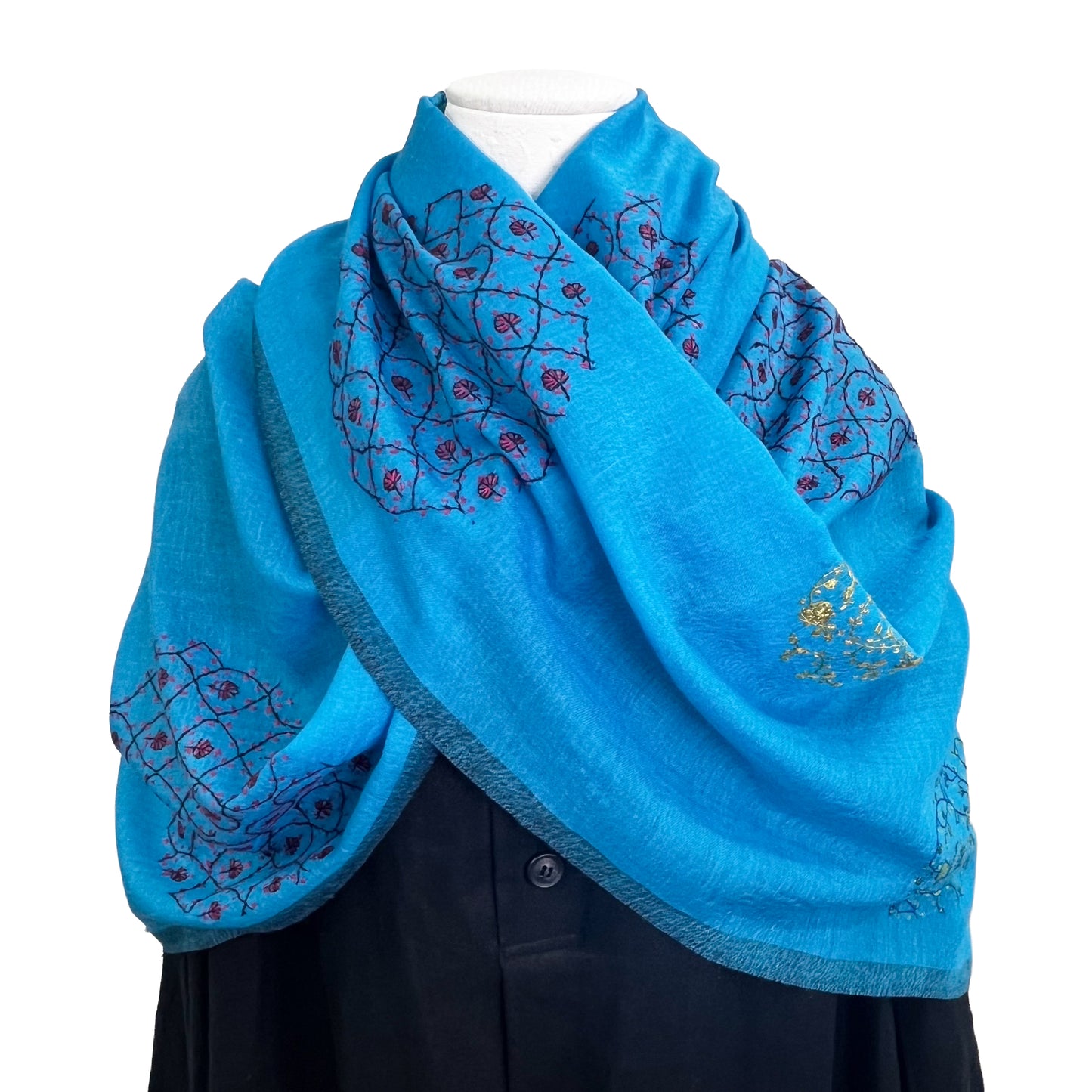 ウール&シルク ニードル手刺繍ストール (ターコイズ)