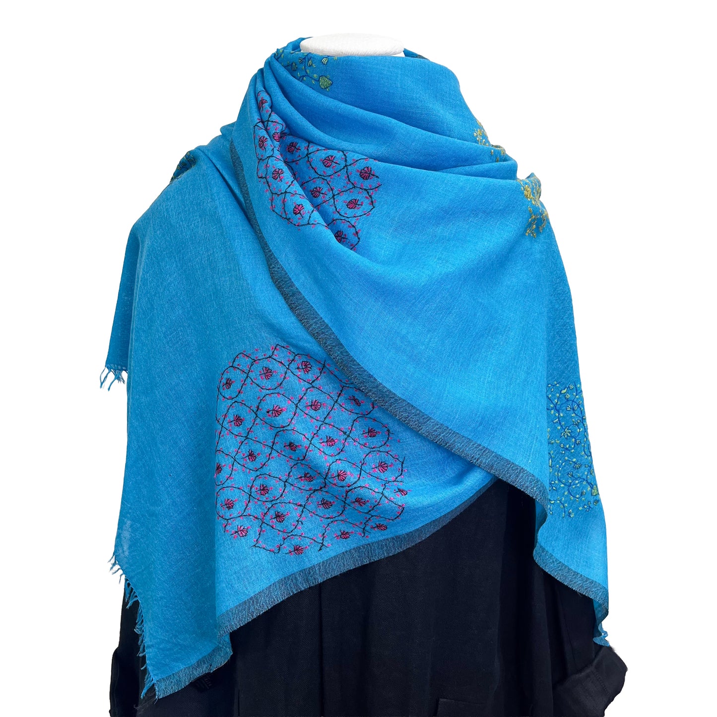 ウール&シルク ニードル手刺繍ストール (ターコイズ)