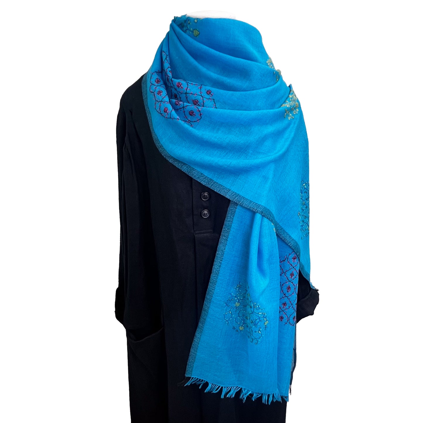 ウール&シルク ニードル手刺繍ストール (ターコイズ)