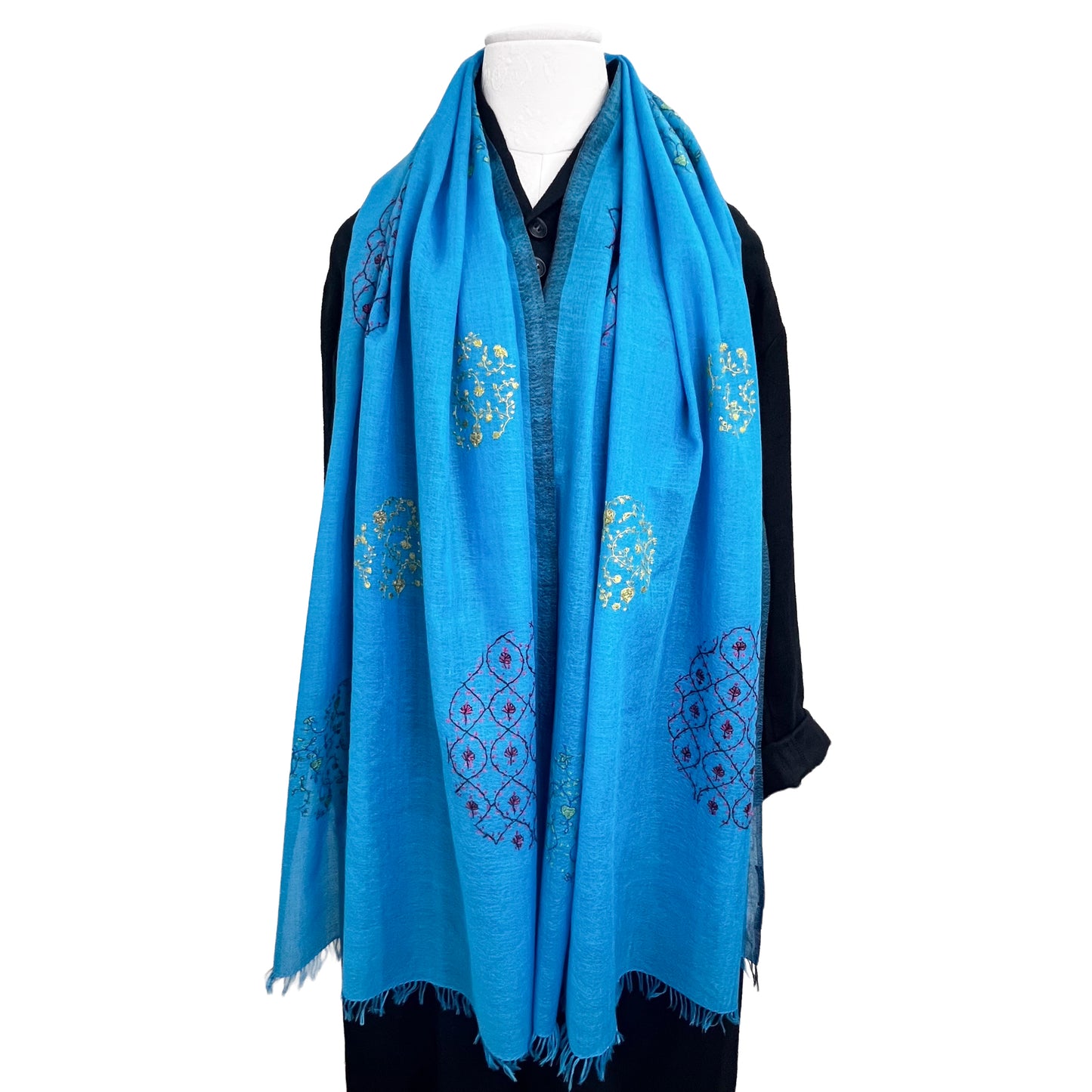 ウール&シルク ニードル手刺繍ストール (ターコイズ)