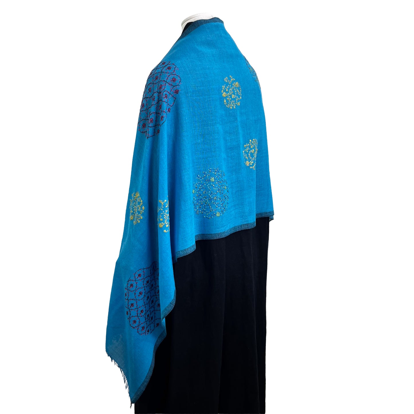 ウール&シルク ニードル手刺繍ストール (ターコイズ)