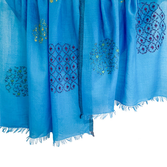 ウール&シルク ニードル手刺繍ストール (ターコイズ)