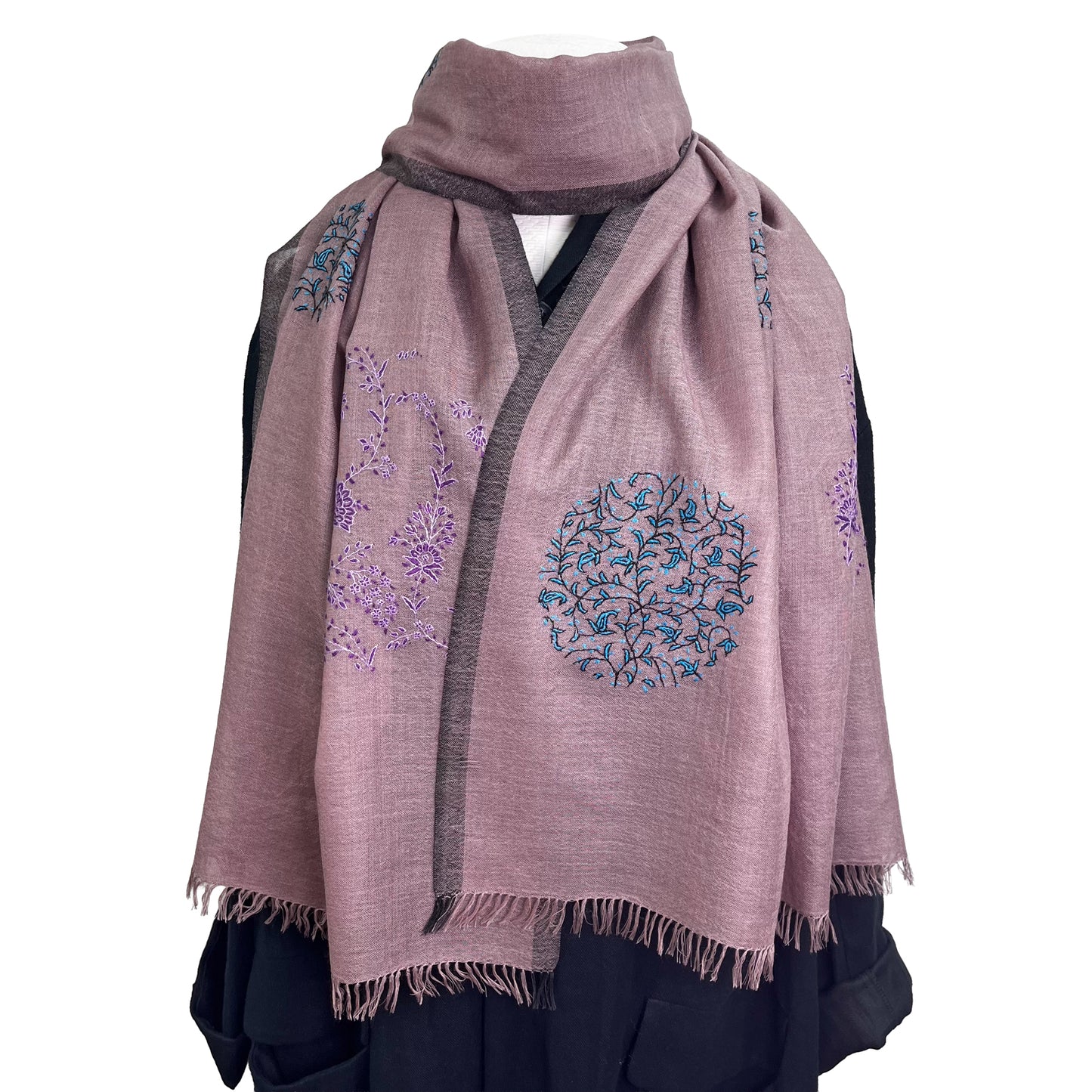 Wool &amp; Silk Needle Embroidered Stole (Green)