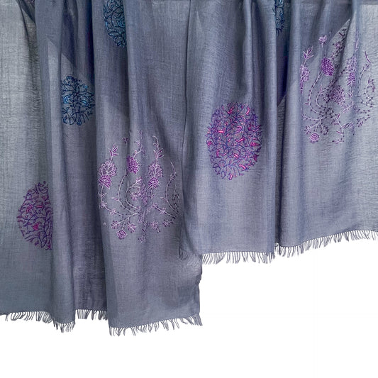 ウール&シルク ニードル手刺繍ストール (ダークグレー)