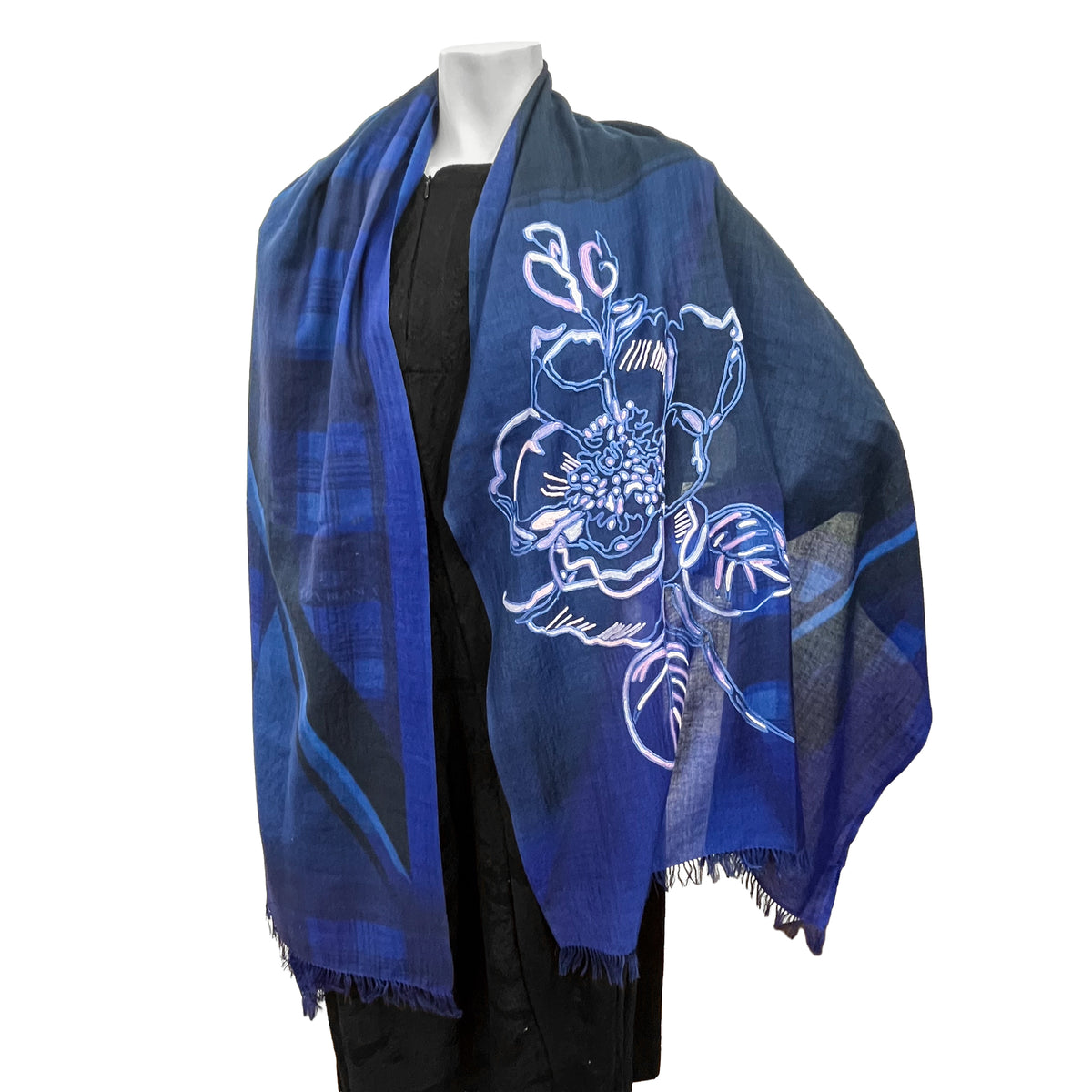 薄手ウール&シルク プリント&アリー手刺繍ストール (ネイビー)