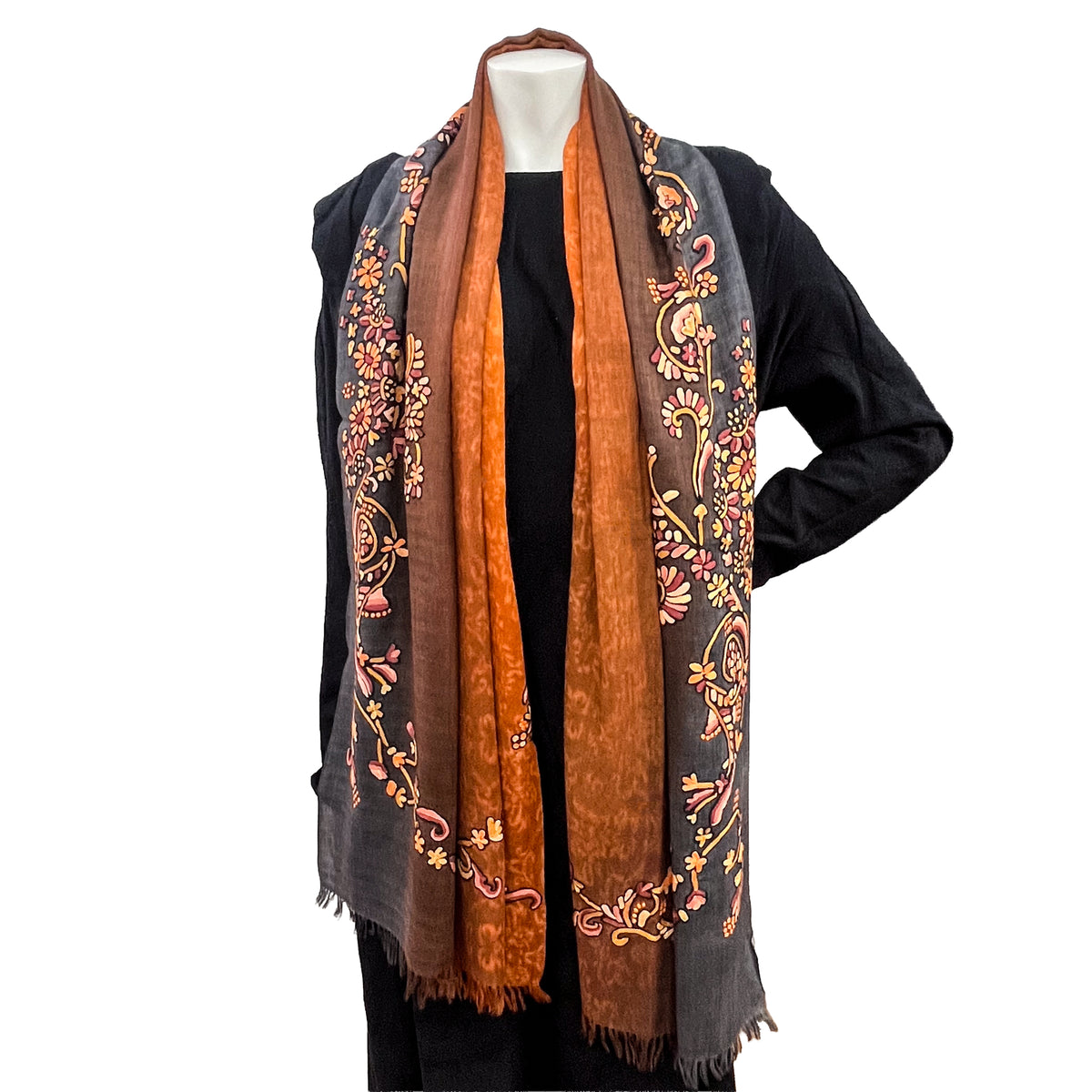 Lightweight Wool & silk printed &Ari hand embroidered stole (orange) S-WTPA4000_0171