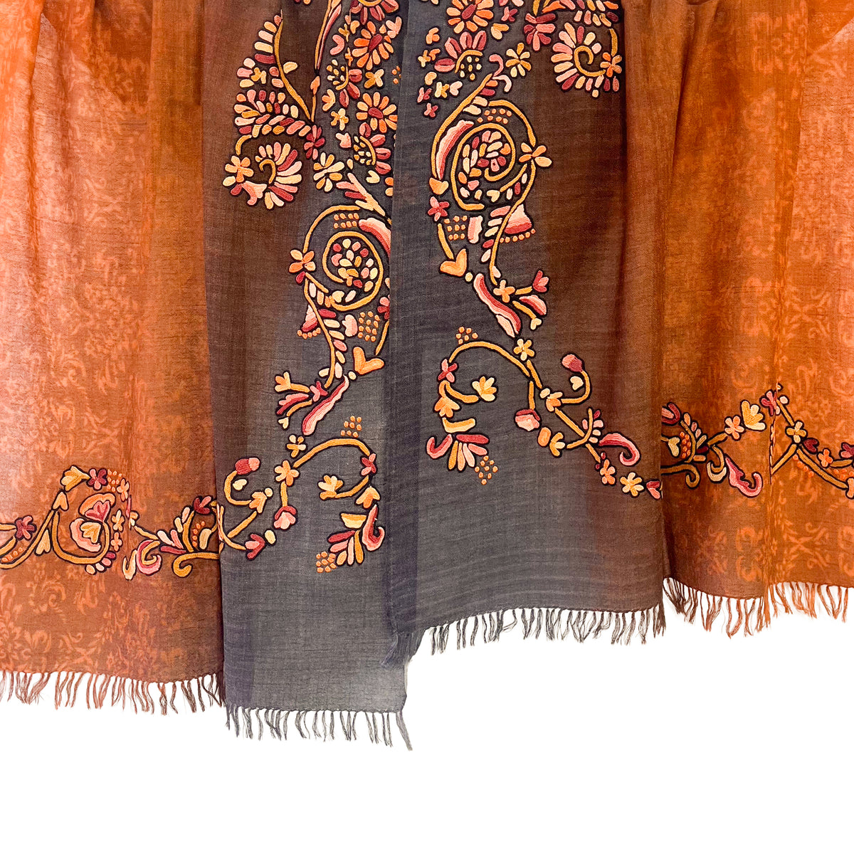 Lightweight Wool & silk printed &Ari hand embroidered stole (orange) S-WTPA4000_0171