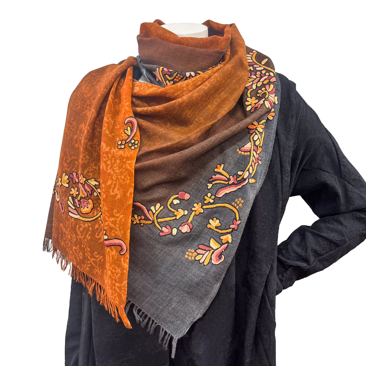 Lightweight Wool & silk printed &Ari hand embroidered stole (orange) S-WTPA4000_0171