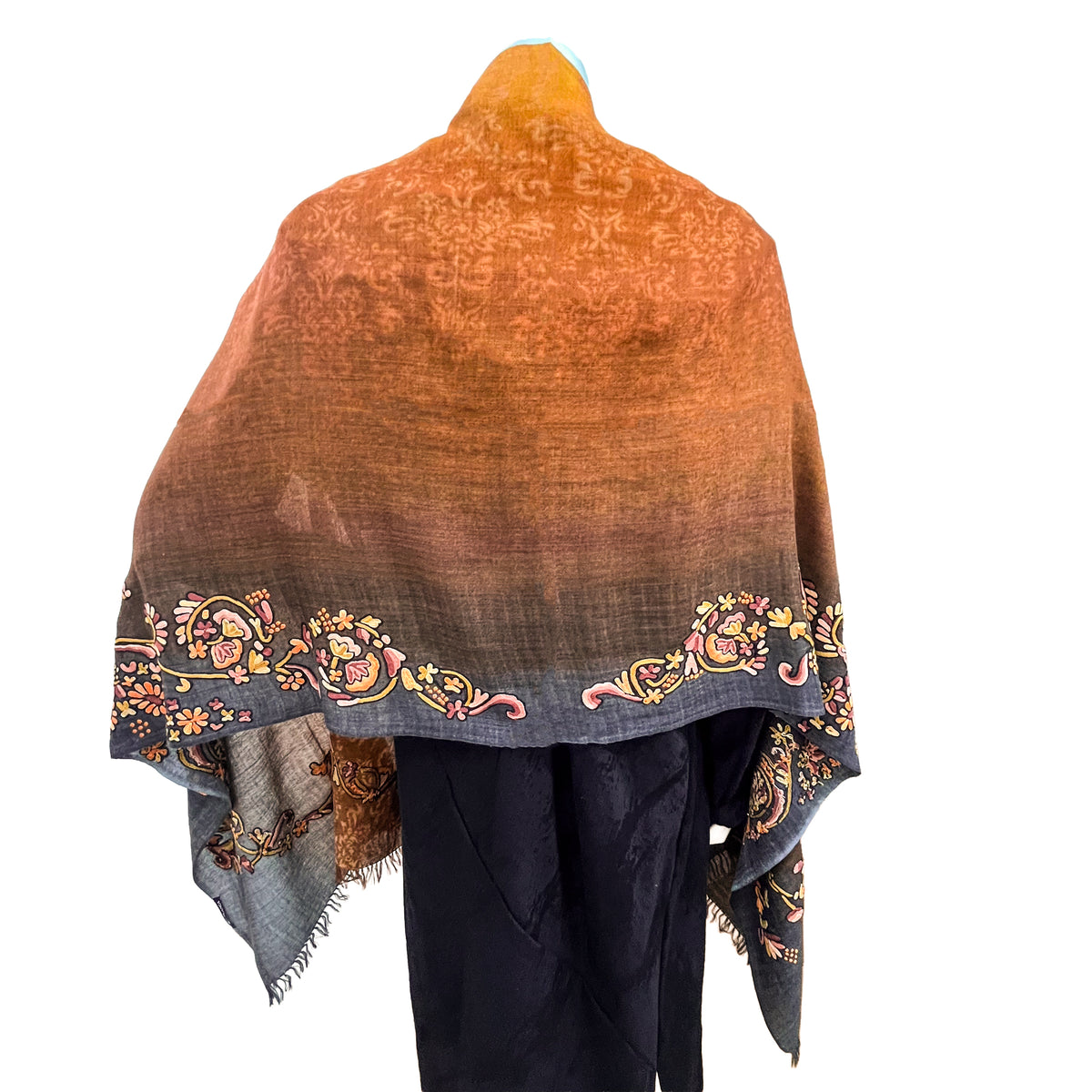 Lightweight Wool & silk printed &Ari hand embroidered stole (orange) S-WTPA4000_0171