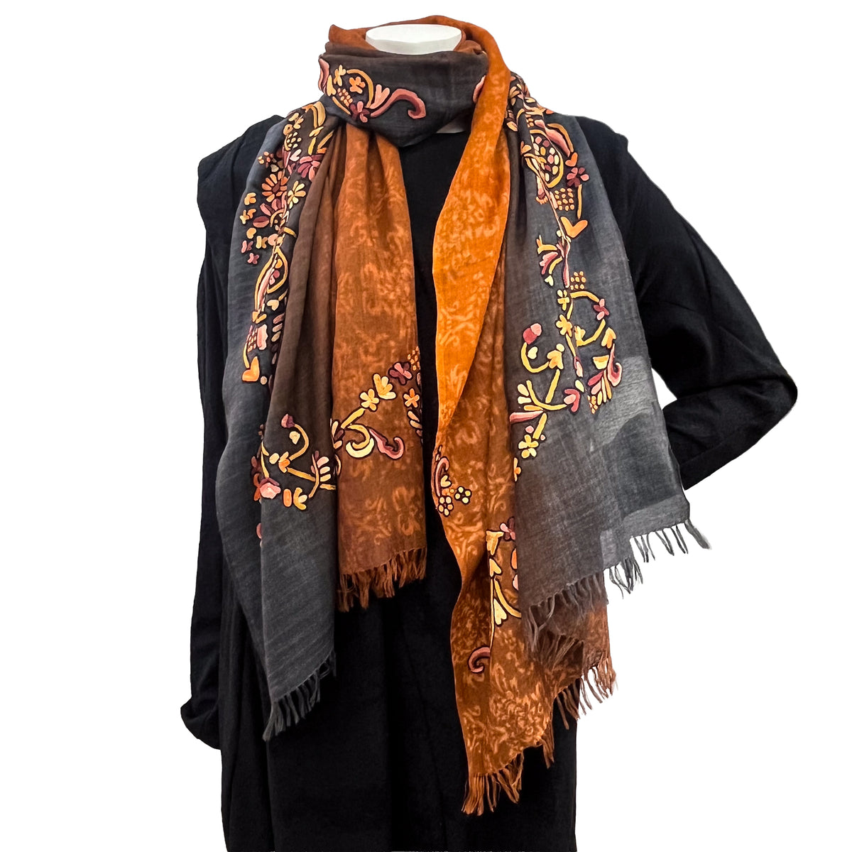 Lightweight Wool & silk printed &Ari hand embroidered stole (orange) S-WTPA4000_0171