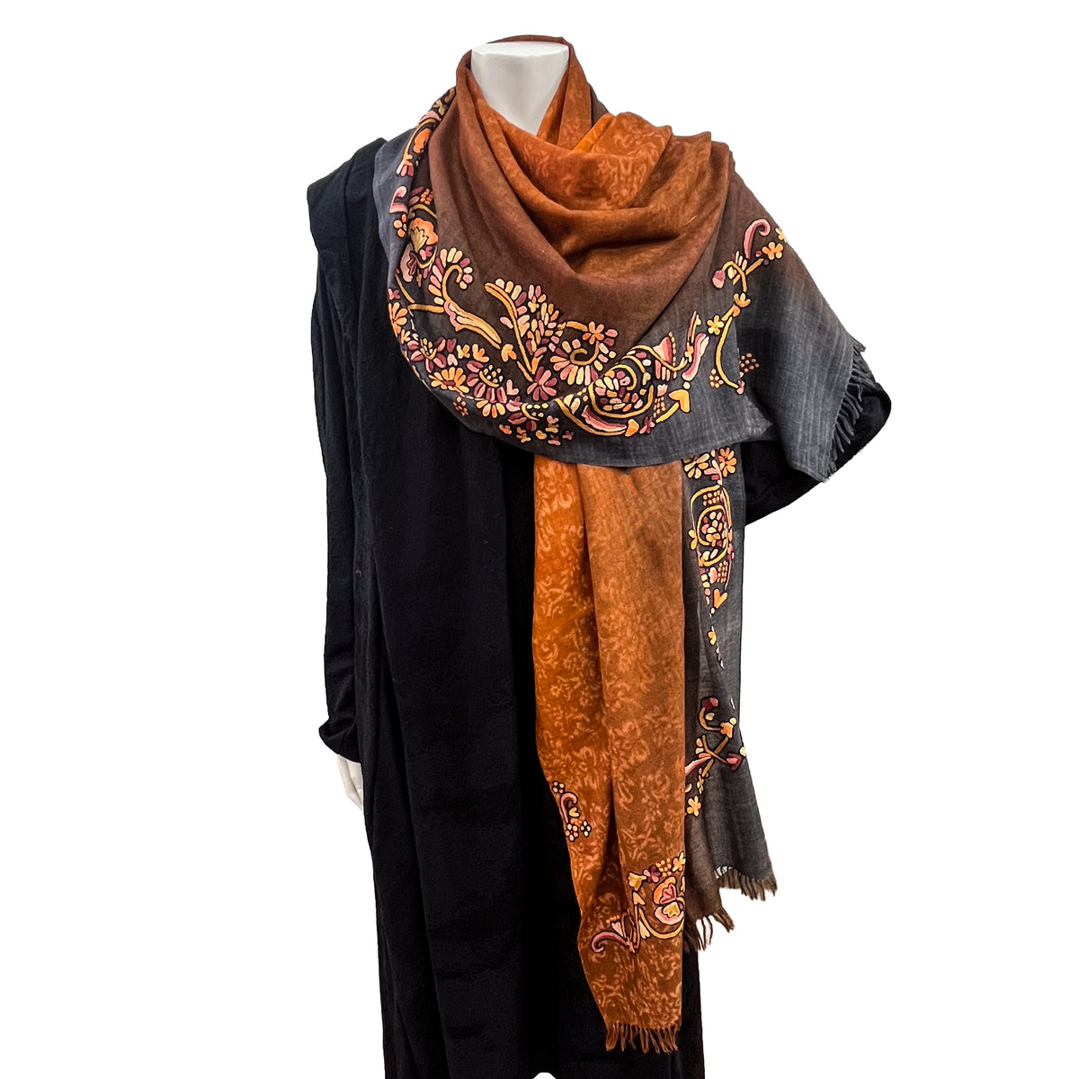 Lightweight Wool & silk printed &Ari hand embroidered stole (orange) S-WTPA4000_0171