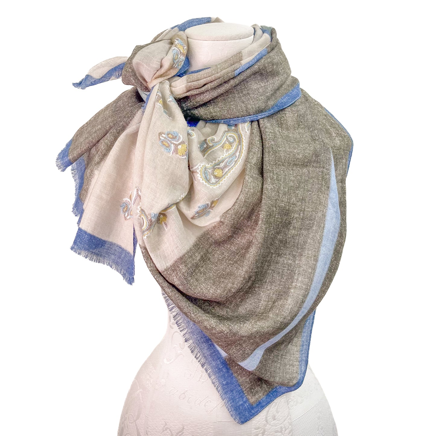 New Geometric Cotton Linen Ally Hand Embroidered Stole (Brown/Blue)