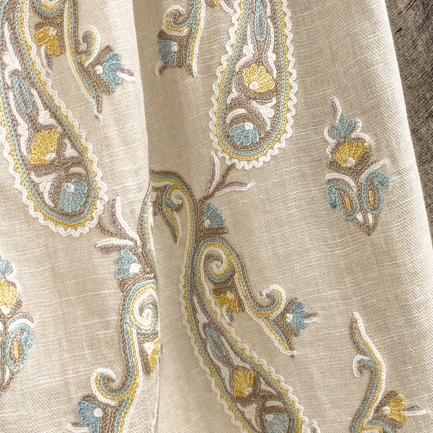 New Geometric Cotton Linen Ally Hand Embroidered Stole (Brown/Blue)