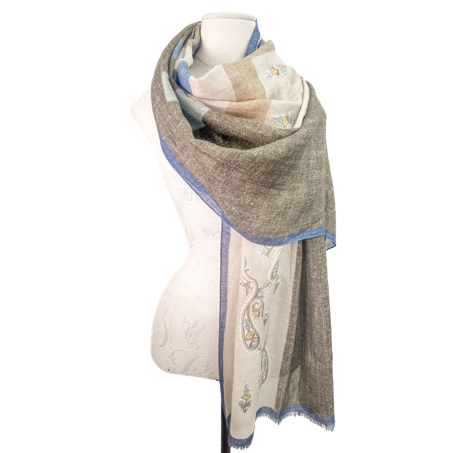 New Geometric Cotton Linen Ally Hand Embroidered Stole (Brown/Blue)