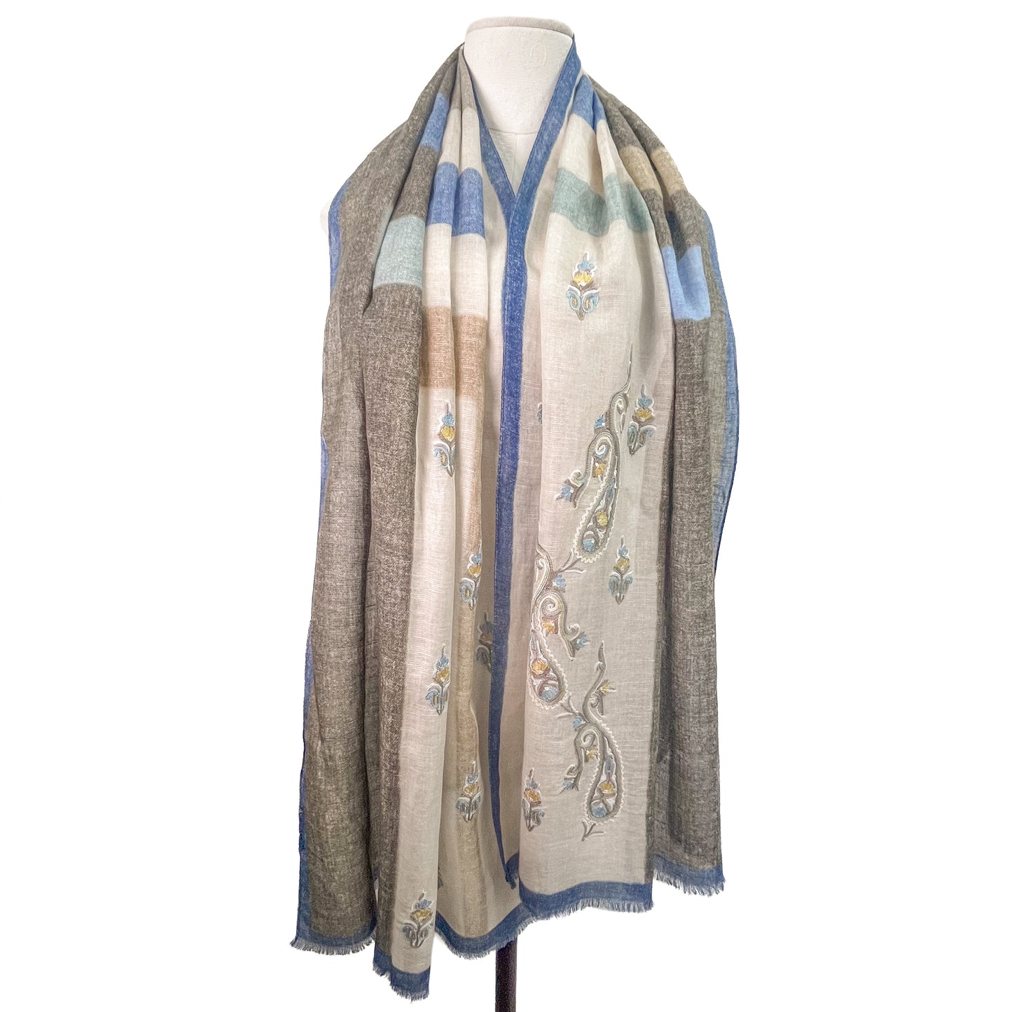 New Geometric Cotton Linen Ally Hand Embroidered Stole (Brown/Blue)