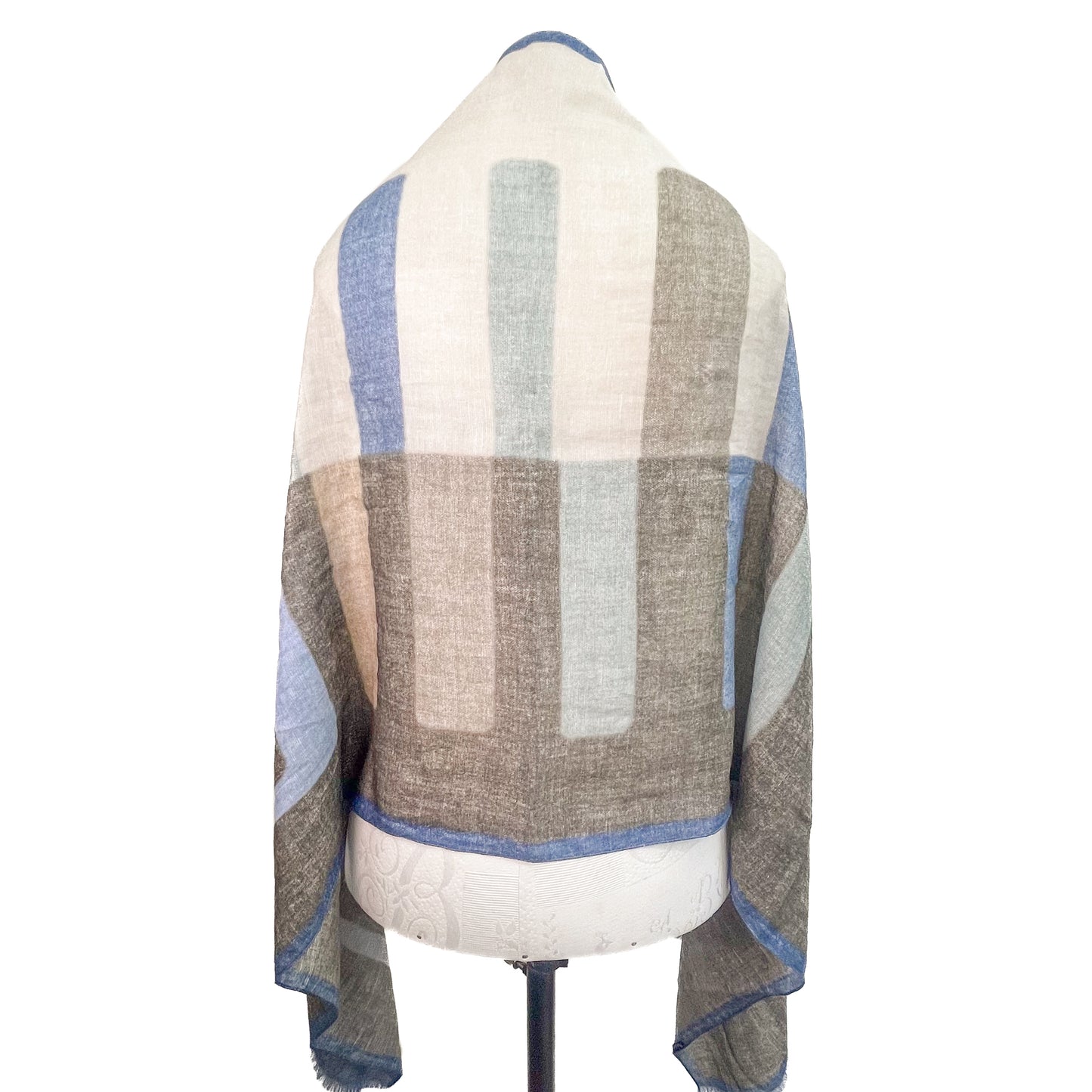New Geometric Cotton Linen Ally Hand Embroidered Stole (Brown/Blue)