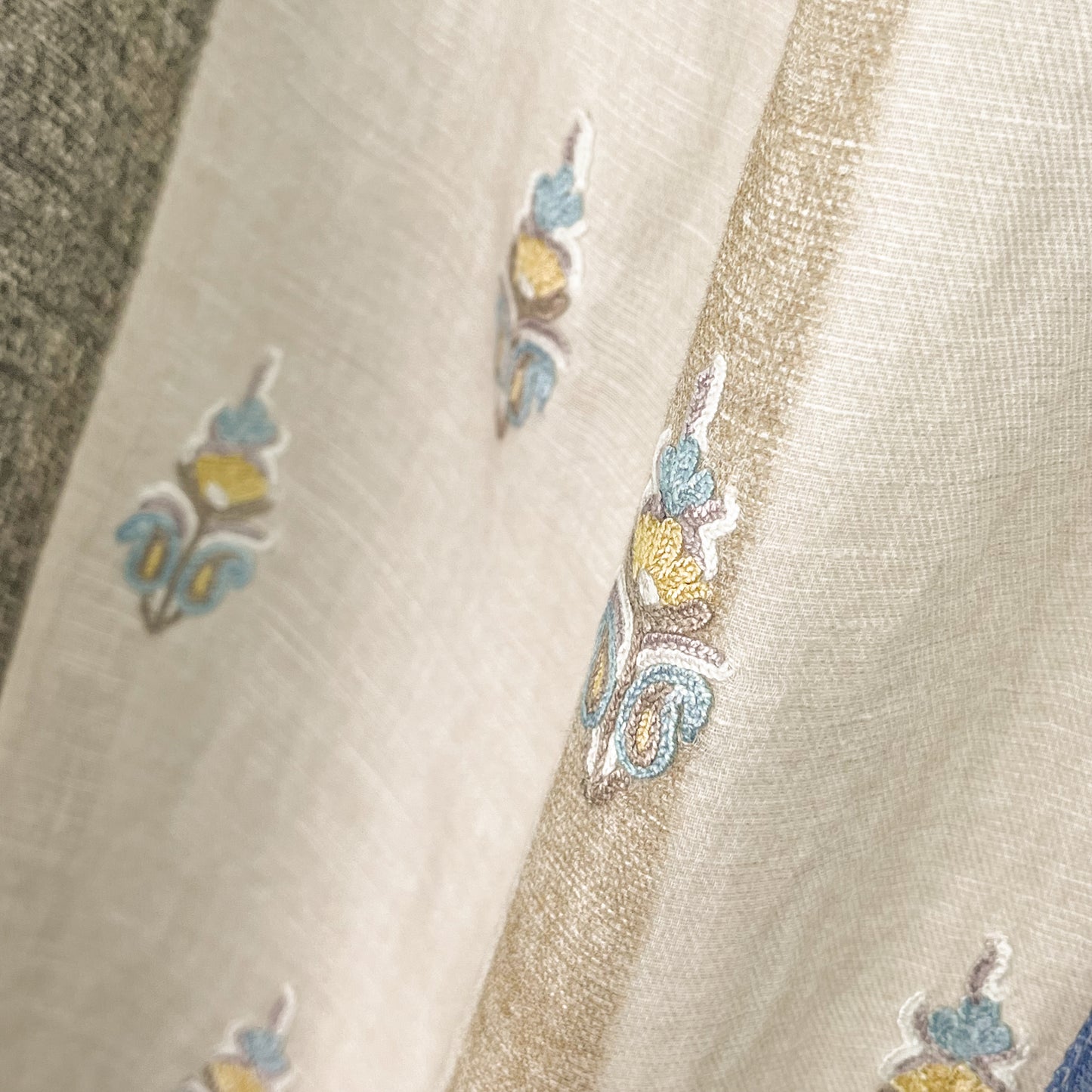 New Geometric Cotton Linen Ally Hand Embroidered Stole (Brown/Blue)