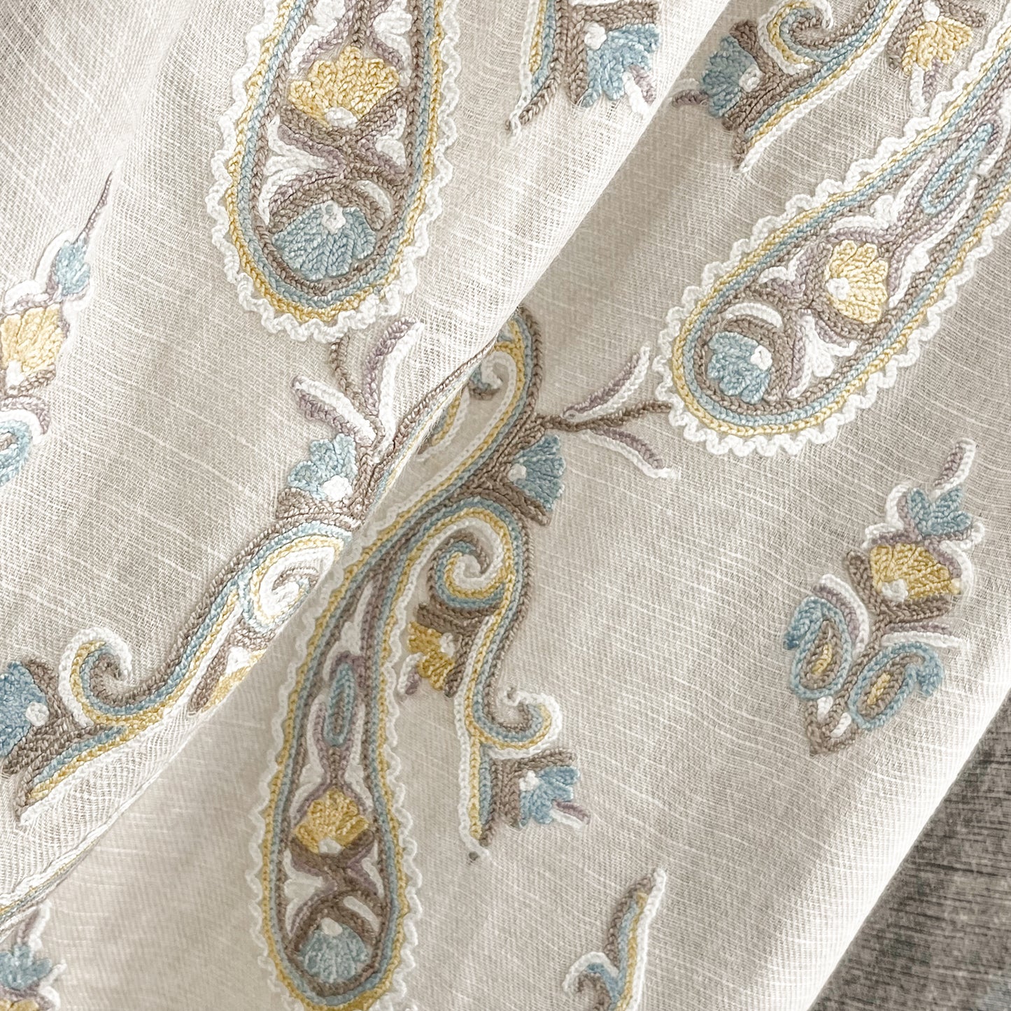 New Geometric Cotton Linen Ally Hand Embroidered Stole (Brown/Blue)