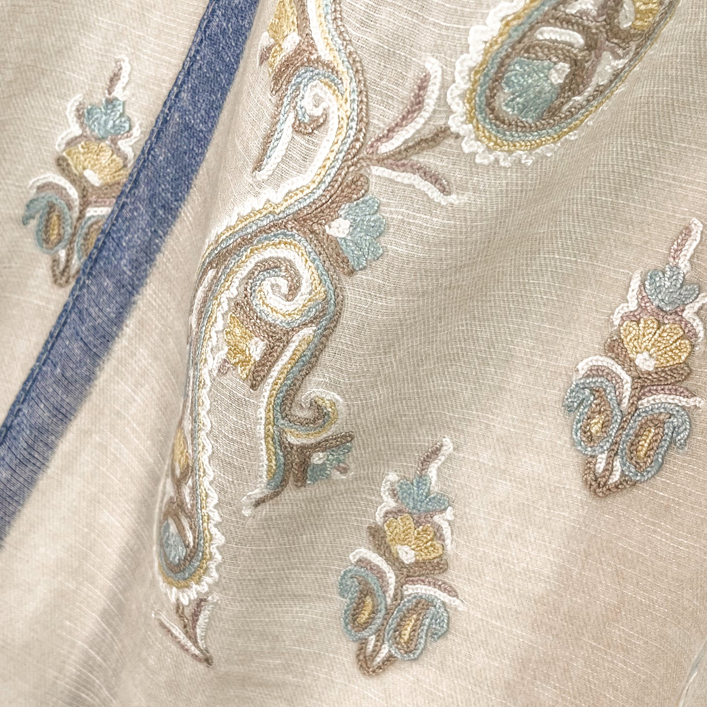 New Geometric Cotton Linen Ally Hand Embroidered Stole (Brown/Blue)